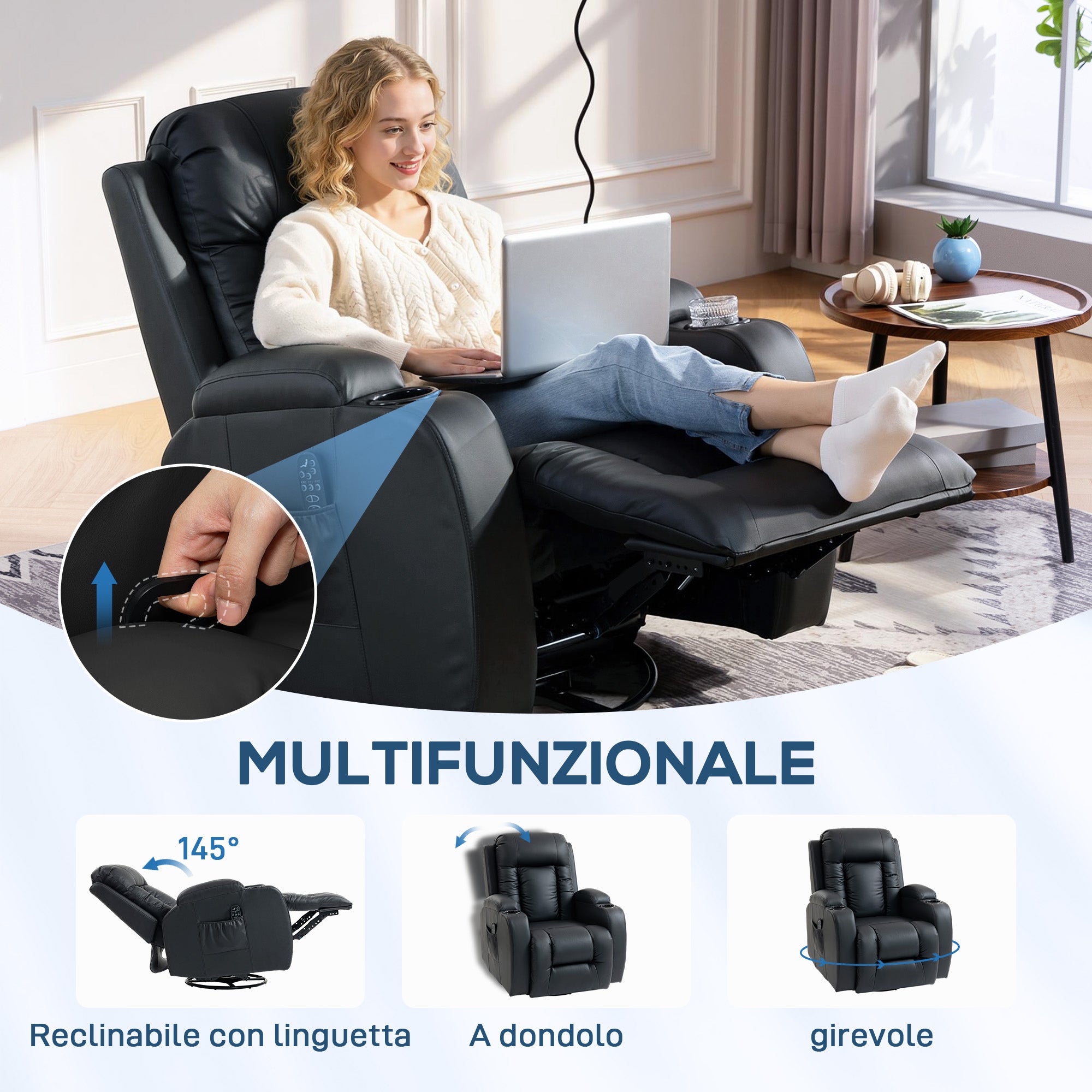 Heated Massage Recliner, 8 Massage Points and 3 Modes with Remote Control, PU Leather, Black