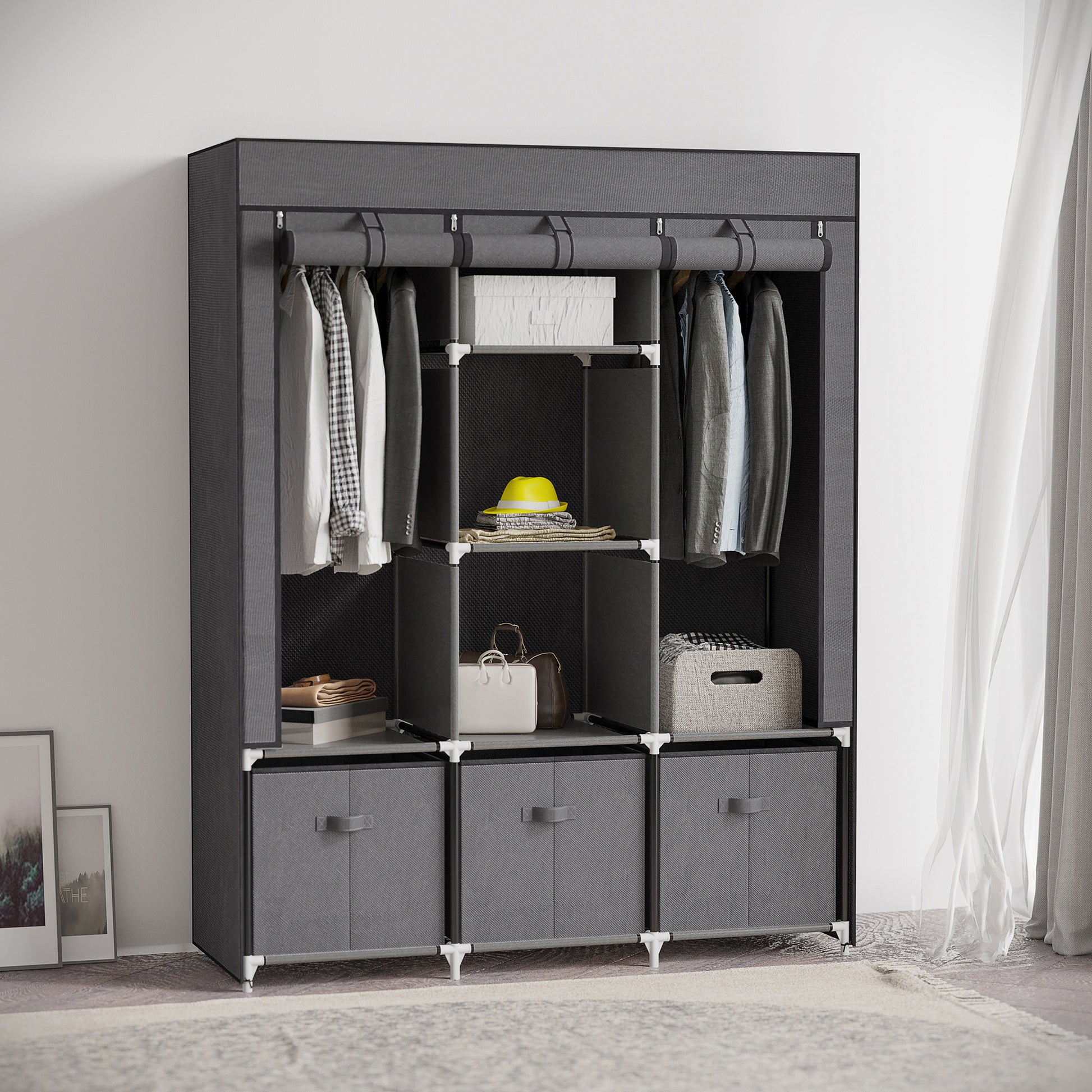 HOMCOM Folding Fabric Wardrobe with Drawers and Roller Doors with Zip, 125x43x162.5cm, Dark Gray - Borgè