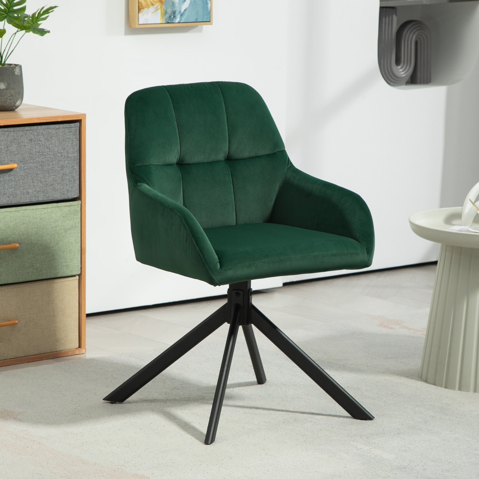 Modern Velvet Armchair with Swivel Seat, Steel Armrests and Legs, Green