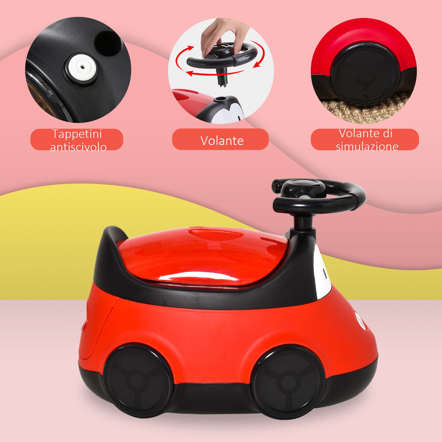 Car-Shaped Potty for Children from 6 Months to 3 Years with Steering Wheel and Removable Tray, Red