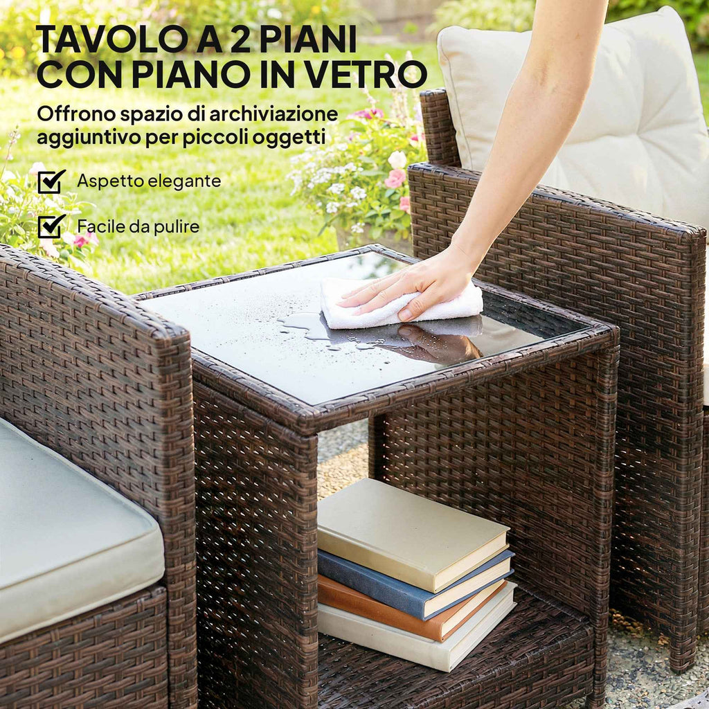 Outsunny 3-Piece PE Rattan and Steel Garden Set with 2 Armchairs with Cushions and Coffee Table, Brown and Cream