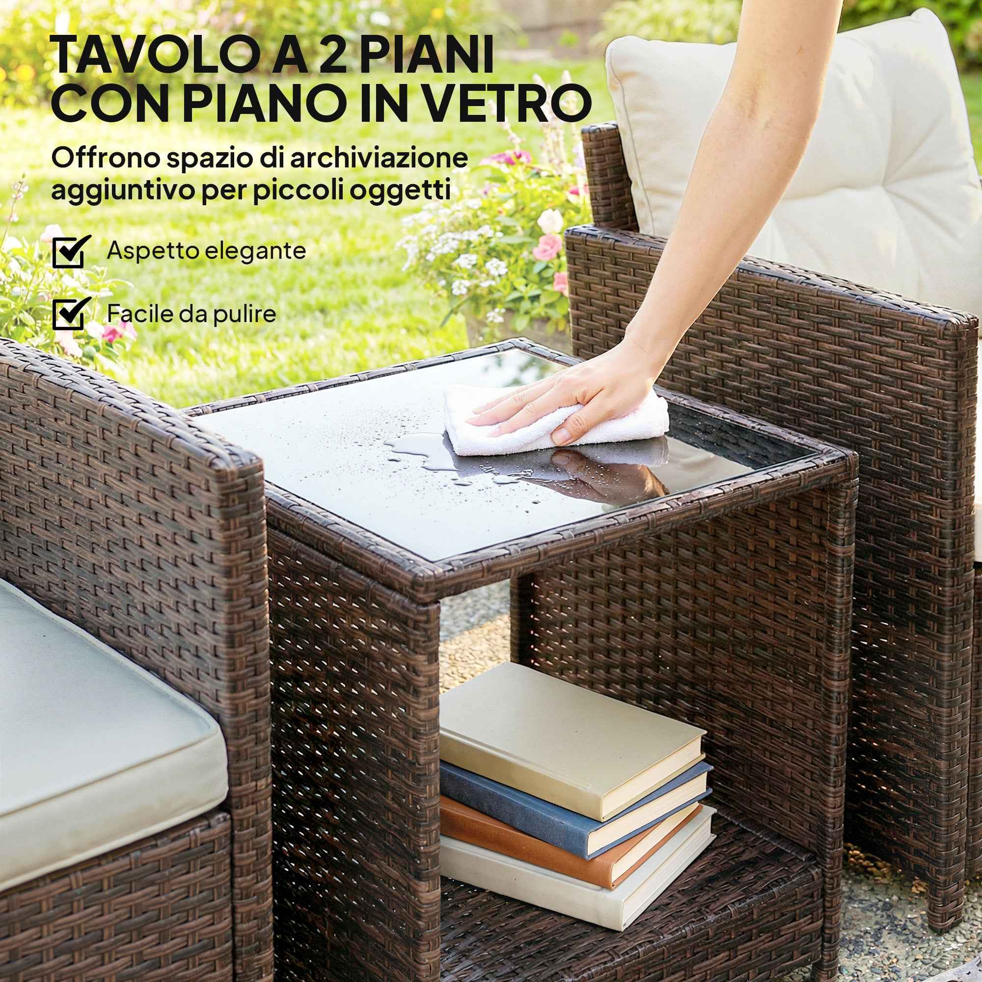 Outsunny 3-Piece PE Rattan and Steel Garden Set with 2 Armchairs with Cushions and Coffee Table, Brown and Cream