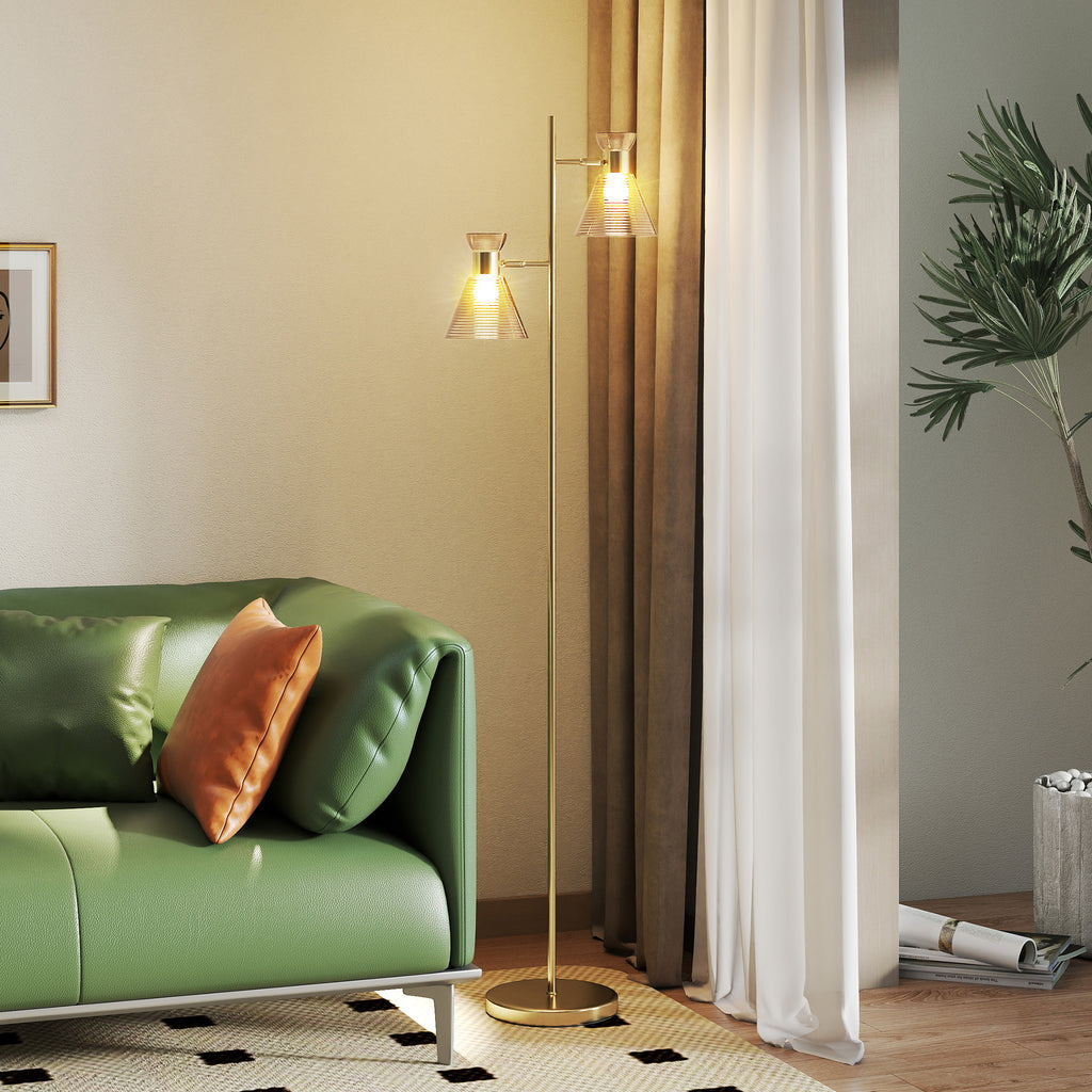 Modern Floor Lamp with 2 Lights and Adjustable Heads, Foot Switch, Gold