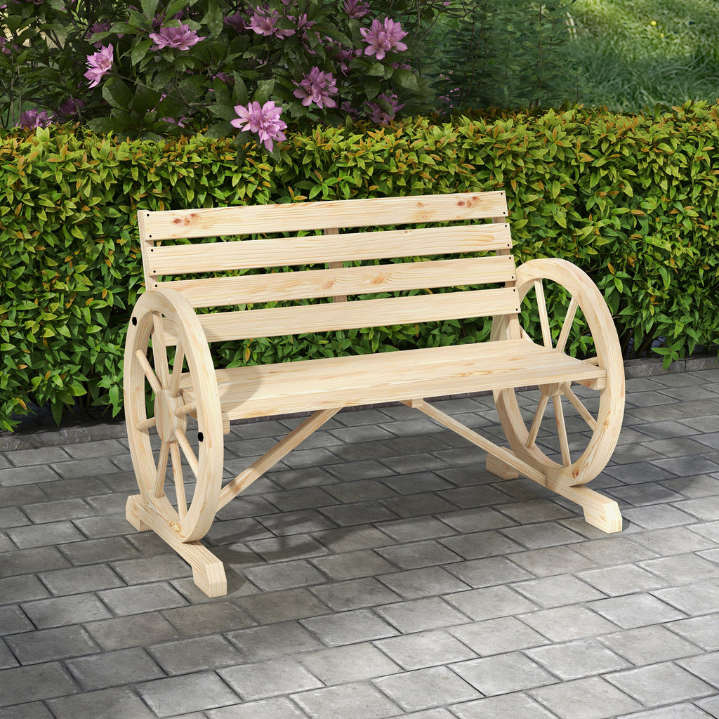 Outsunny 2-Seater Garden Bench with Slatted Frame and Wagon Wheel Armrests, Wooden, 105.5x56x79 cm, Wood Color