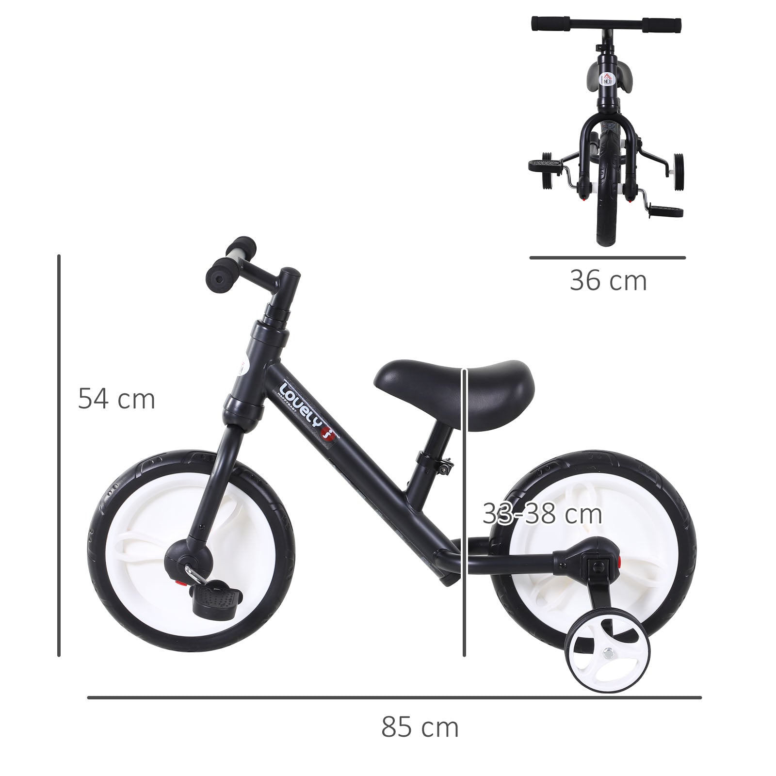 Balance Bike for Kids Ages 2-5 with Adjustable Seat, Auxiliary Wheels and Pedals, Black