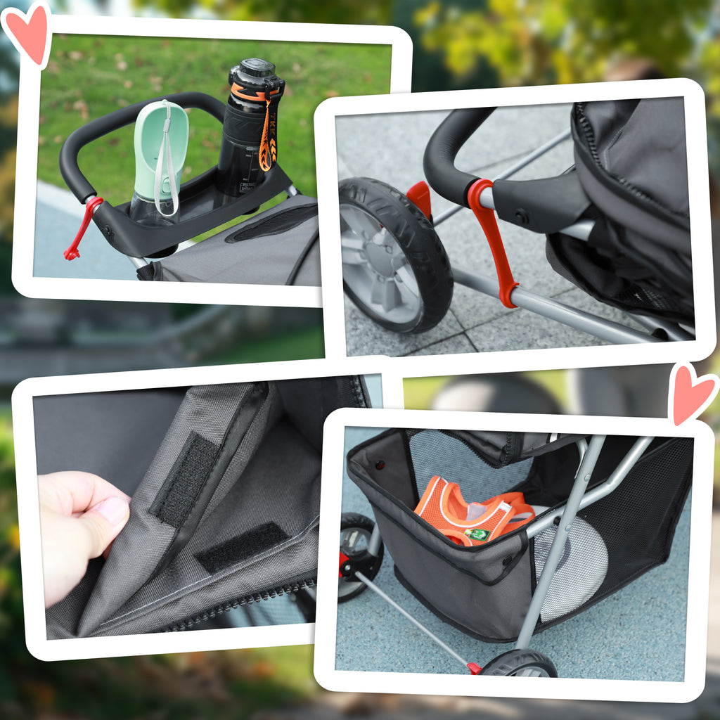 Folding Dog Stroller with Cup Holder and Basket, Steel and Polyester, 75x45x97 cm, Charcoal Grey