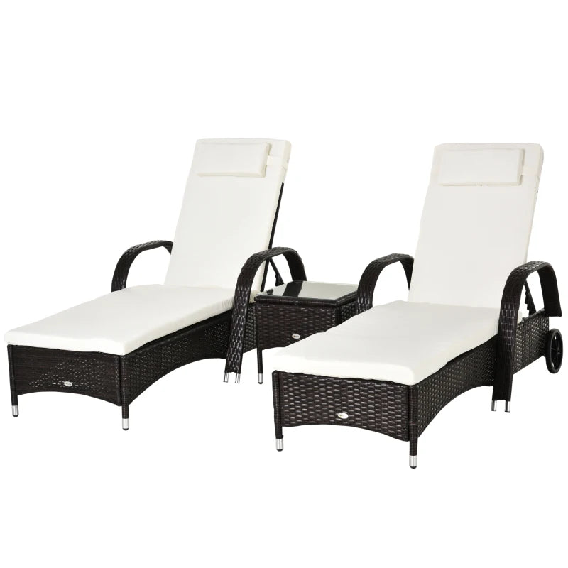 Double set in rattan 2 reclining deck chairs padded with wheels and table, brown - Borge' Group Limited