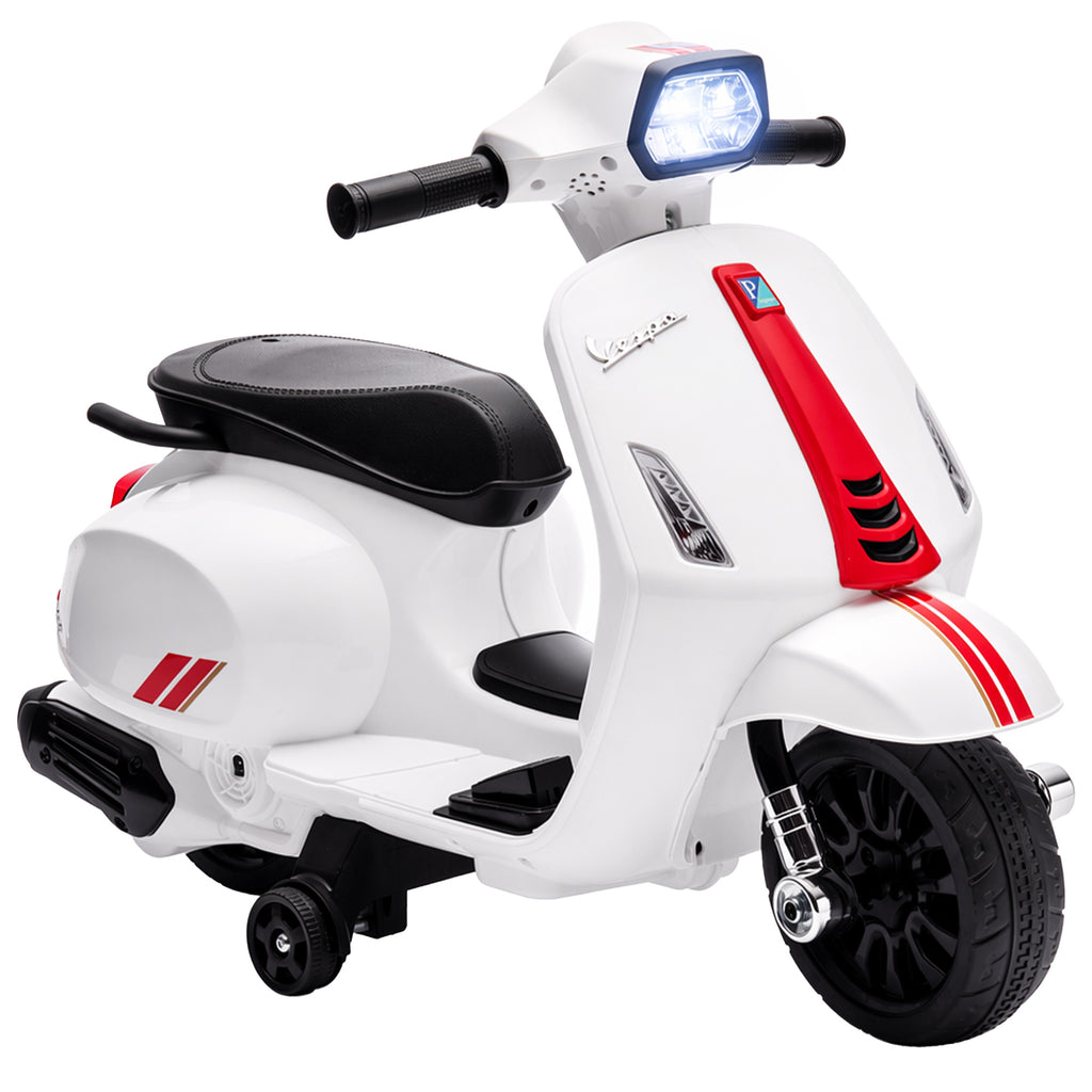 AIYAPLAY Kids Electric Motorcycle with Vespa License, 6V Rechargeable Battery, Wheels and Lights, Ages 2-4 Years, White