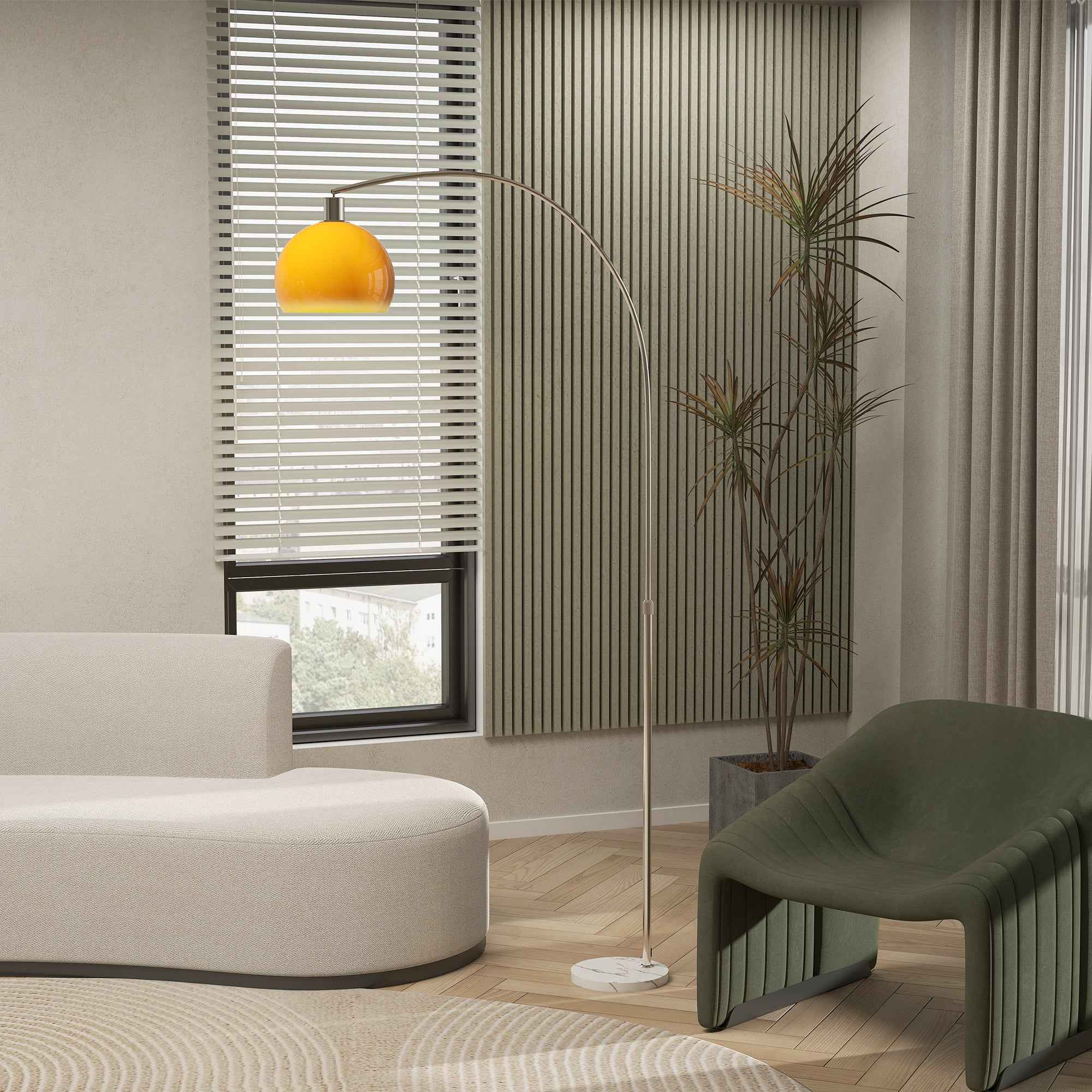 HOMCOM Arc Floor Lamp with Foot Switch, Marble, Metal and Plastic, 26x90x180 cm, White and Orange