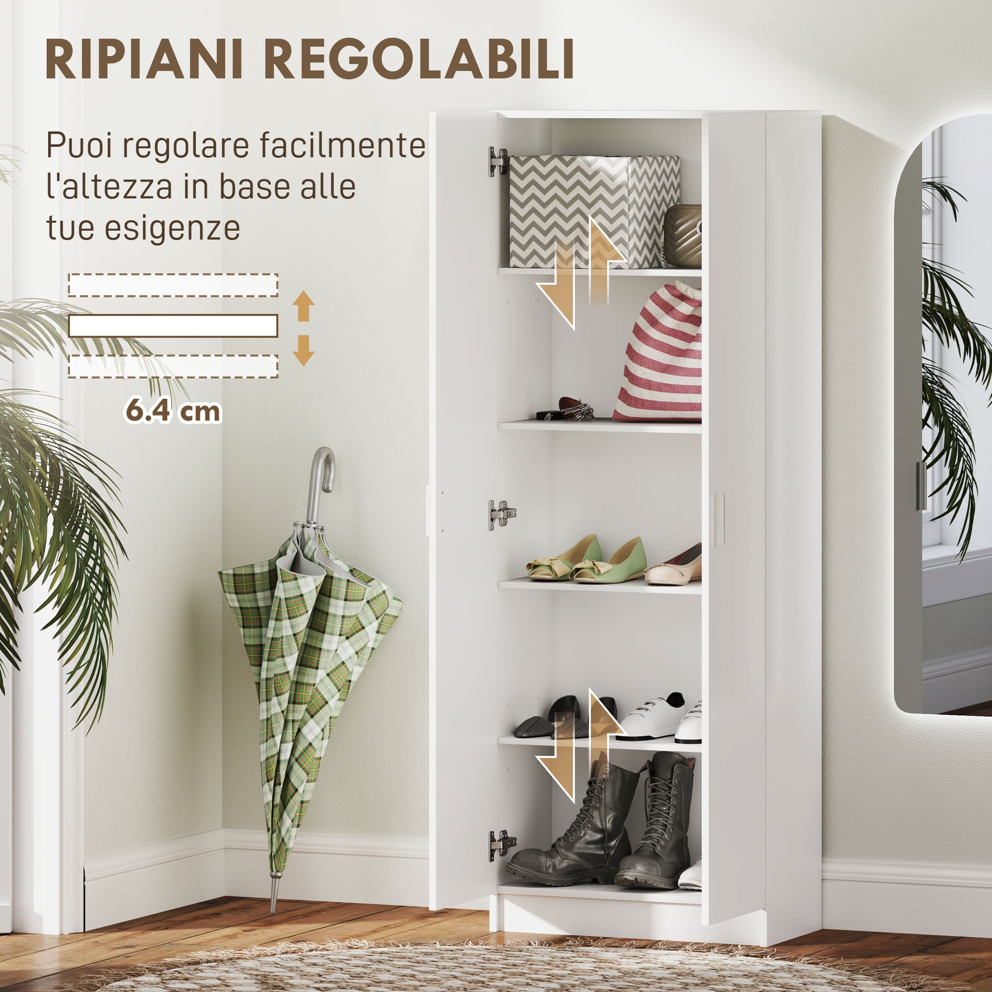 Modern Multipurpose Cabinet with 5 Shelves and Adjustable Levels, in Wood, 60x31.5x165 cm, White
