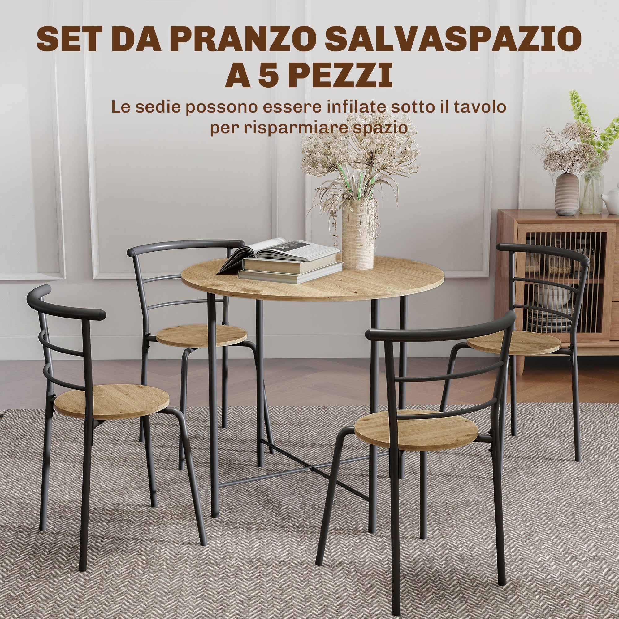 Round Dining Table Set with 4 Space-Saving Chairs in Wood and Metal, Industrial Style