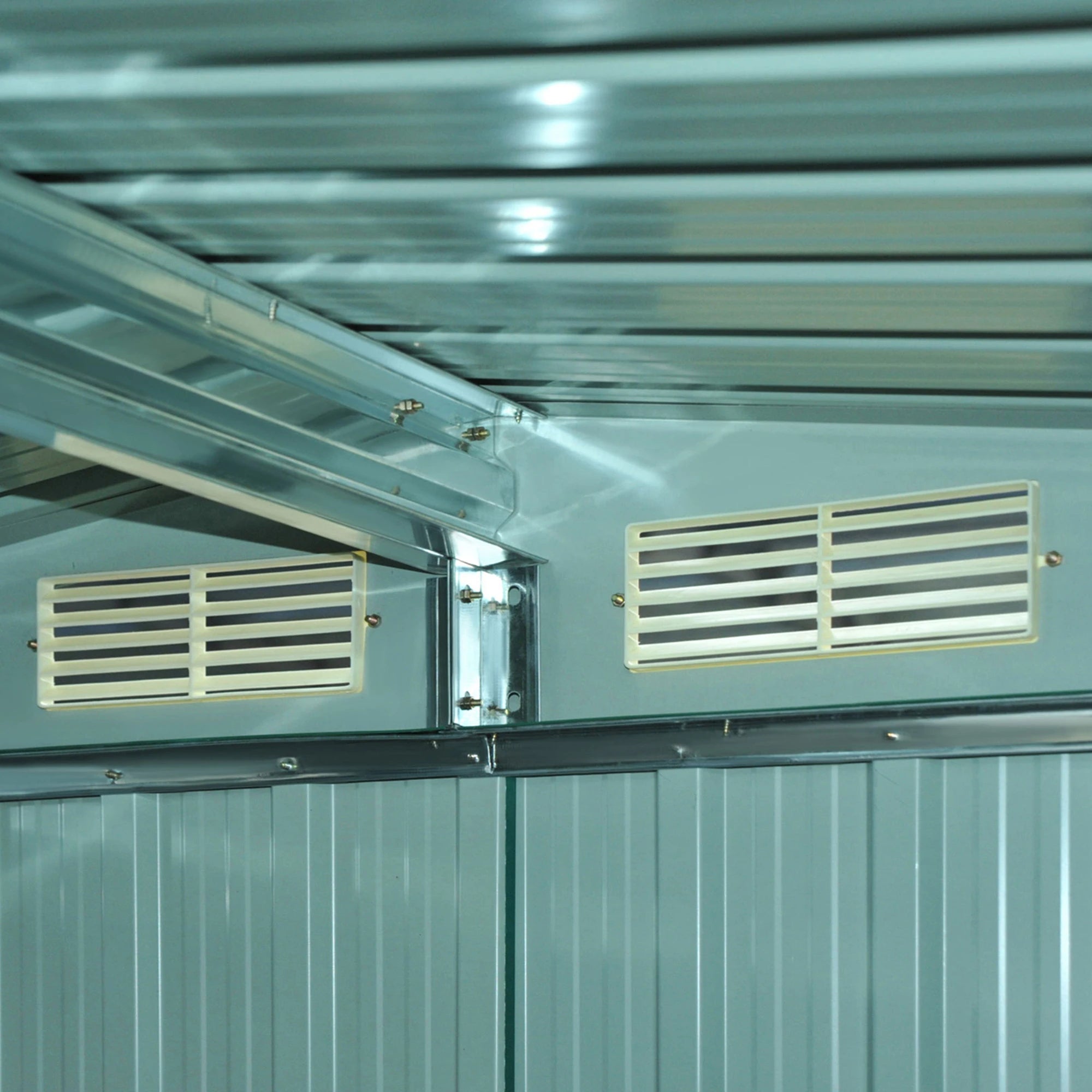 Steel Sheet Garden Tool Shed, Steel Garden Shed with Structure Base and Sliding Doors, 258x206x178cm, Green - Borge' Group Limited