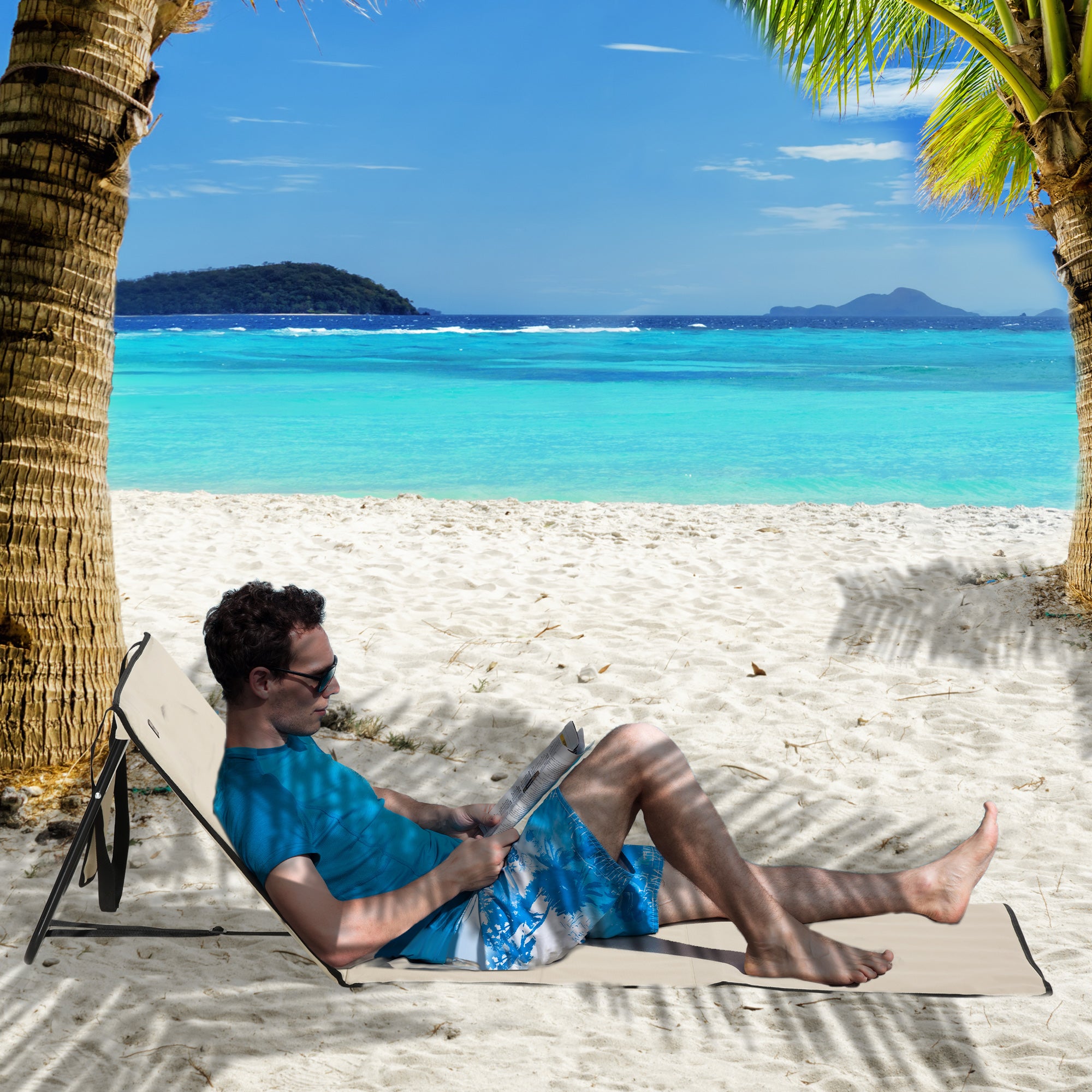 Set of 2 Adjustable Folding Deck Chairs with Pocket, 142x51x40 cm, Beige