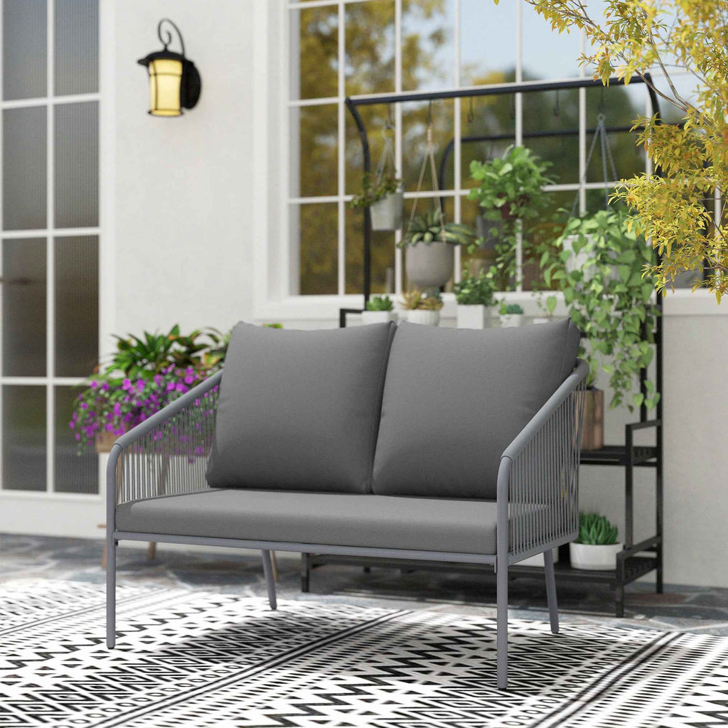 Outsunny 2-Seater Boho Style Sofa with Removable Cushions and Armrests, in Steel and PE Rattan, 112x72x76 cm, Grey