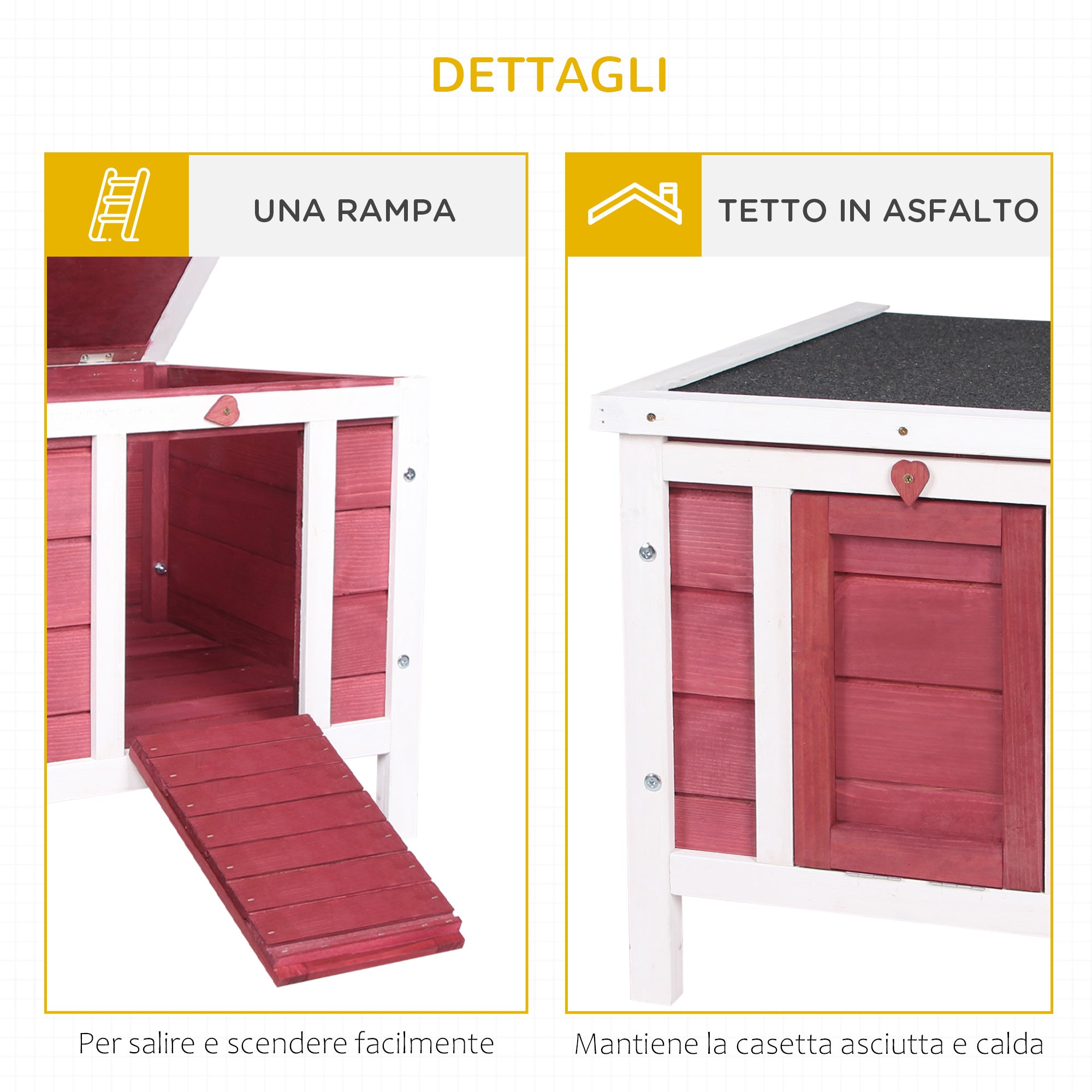 PawHut Wooden Rabbit Hutch with Opening Asphalt Roof, Non-Slip Ramp, 51x42x43 cm, Red