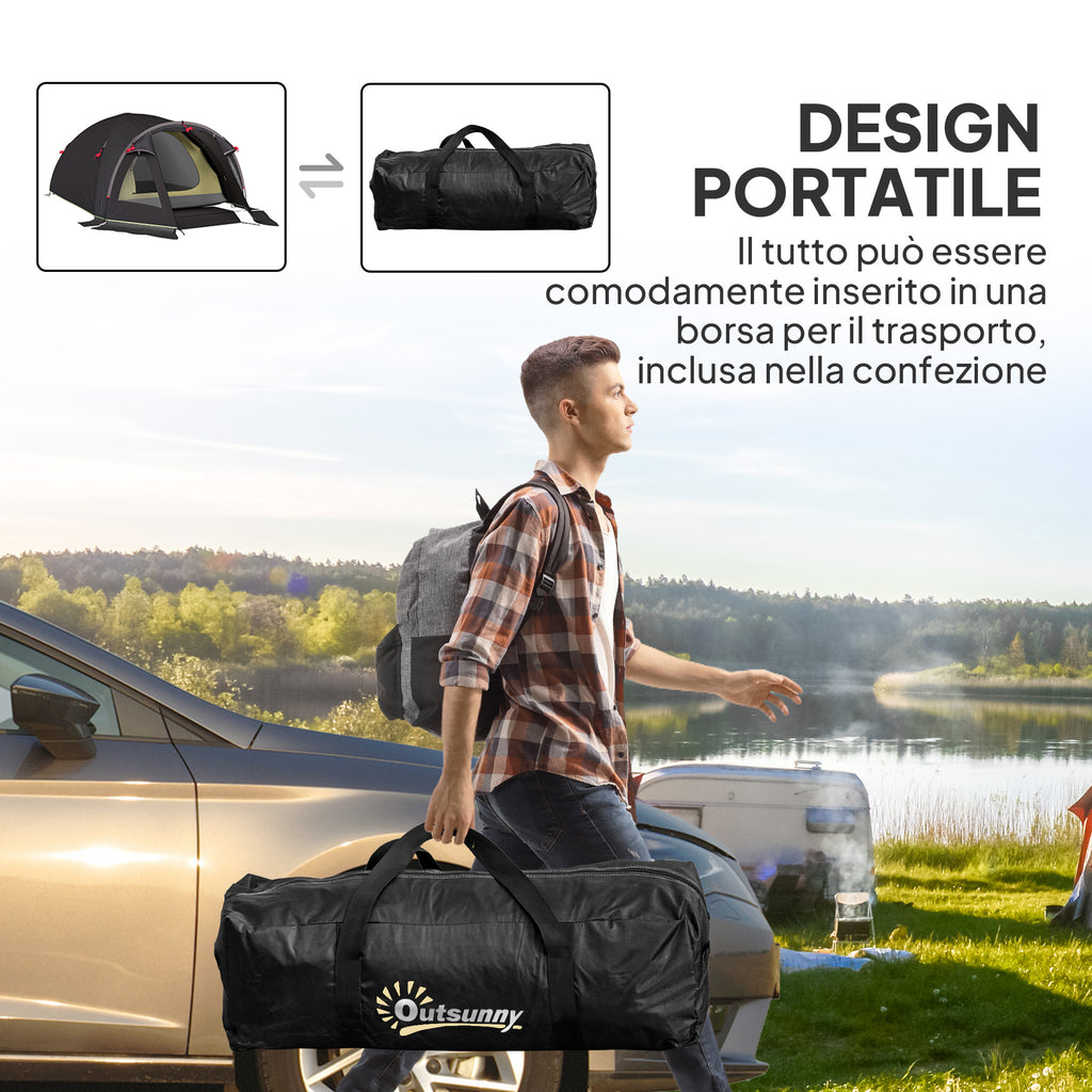 Tunnel Tent for 2-4 People with Side Windows and Hook, 190T Polyester and PE, 3.3x1.9x1.2 m, Black