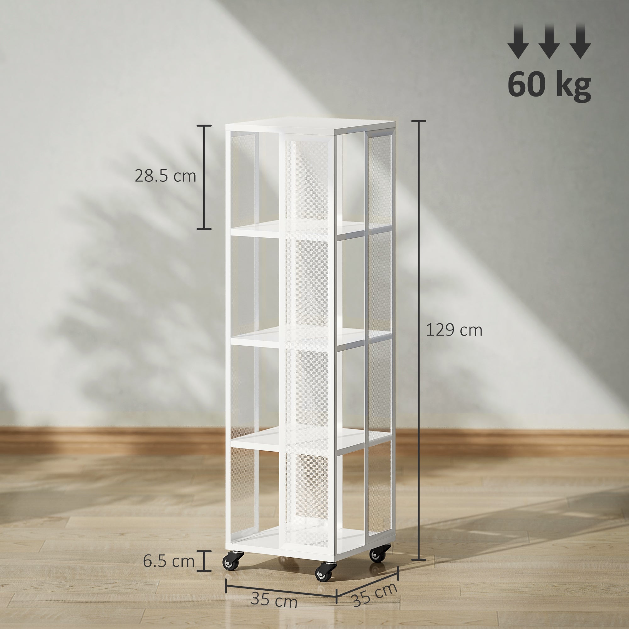 Modern 4-Tier Metal Mesh Bookcase with Wheels, 35x35x129cm, White