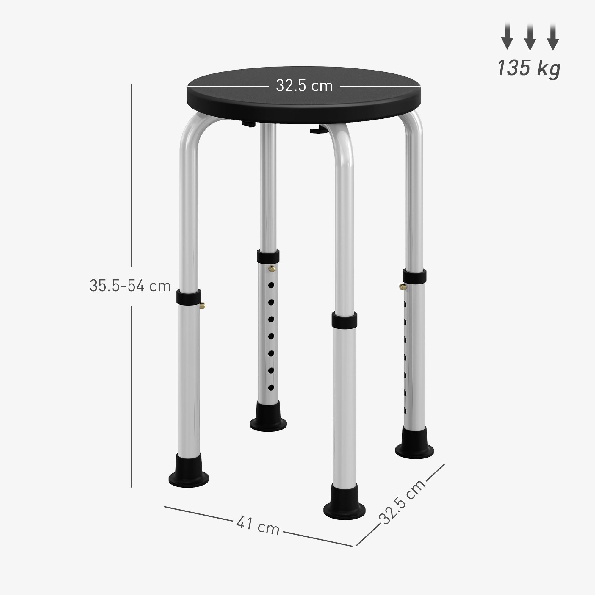 HOMCOM Non-Slip Shower Stool, Adjustable to 8 Heights, Made of Aluminum and PE, 32.5 x 41 x 35.5-54 cm, Black