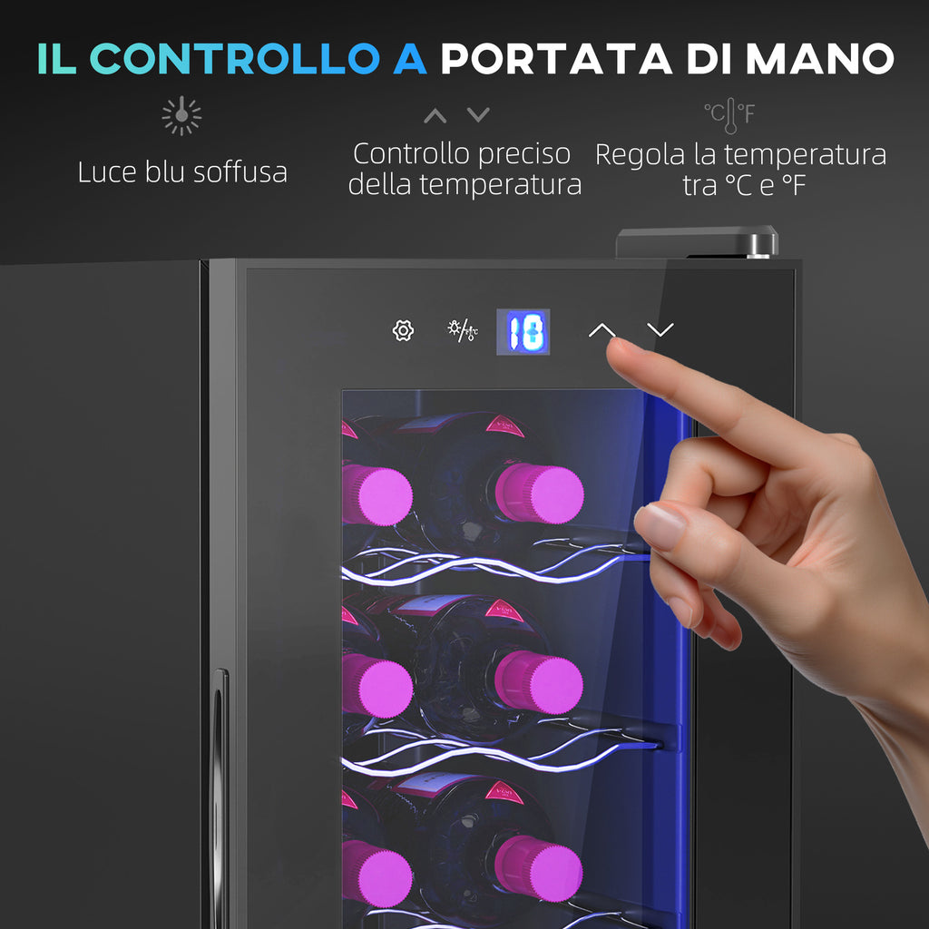 12 Bottle Refrigerator Cooler with Dual Temperature Control, Adjustable Shelves and Lights, Black