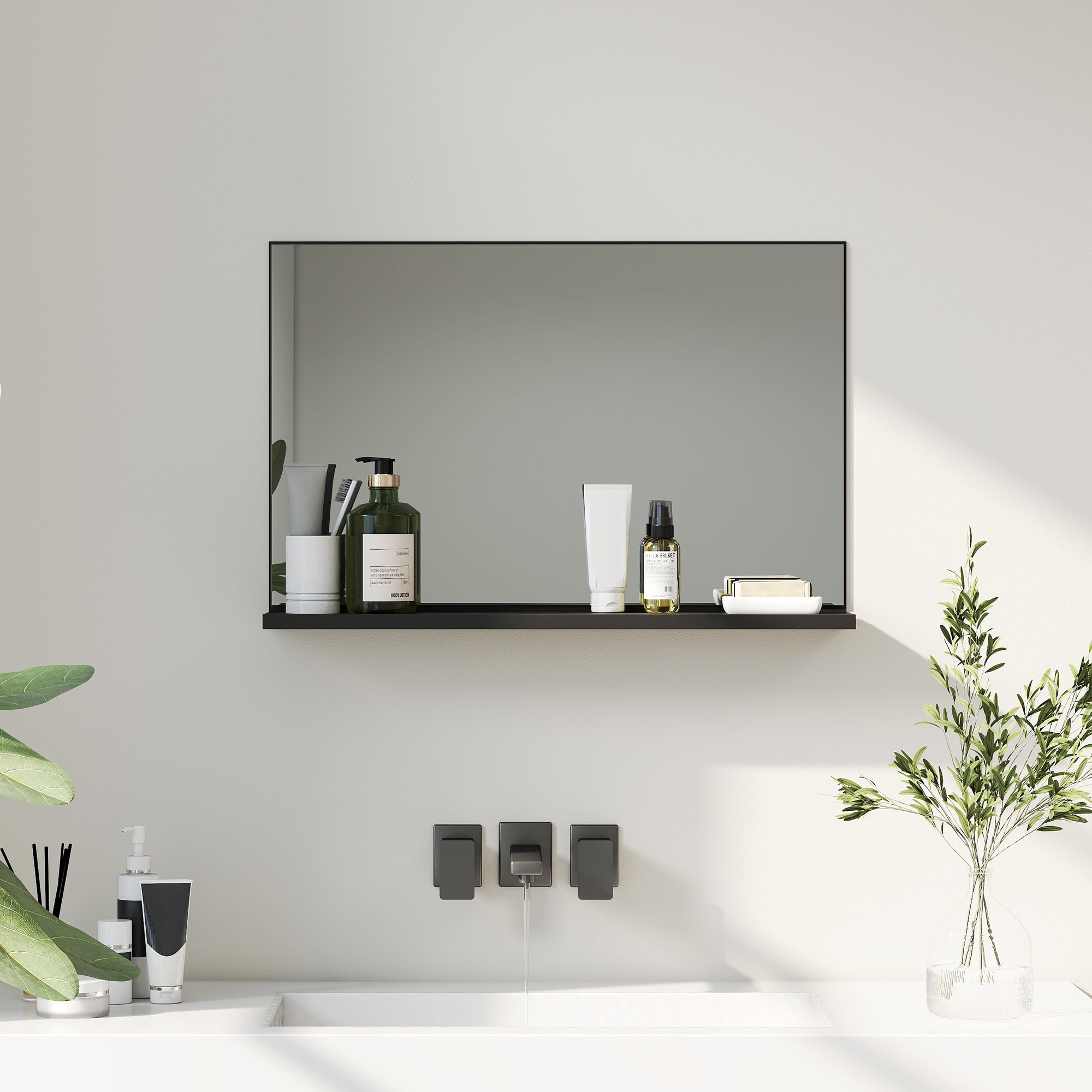 Wall-Mounted Bathroom Mirror with Shelf, Modern and Multipurpose Design, 60x12x40 cm, Black
