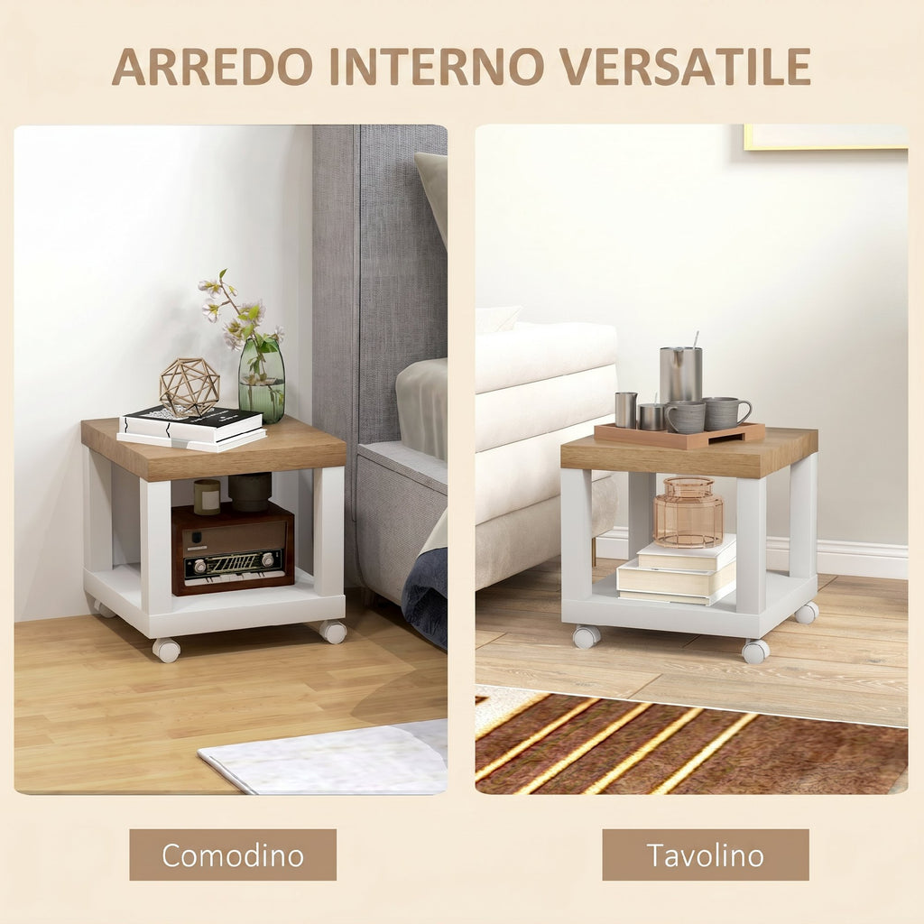 HOMCOM Coffee Table with Castors and Open Shelf, for Sofa, Bedroom or Living Room, 40x40x40 cm, Natural Wood and White