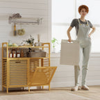 Bamboo and Polyester Laundry Hamper with 2 x 41L Baskets and 2 Shelves, 82 x 33 x 88 cm, Wood and Cream Color