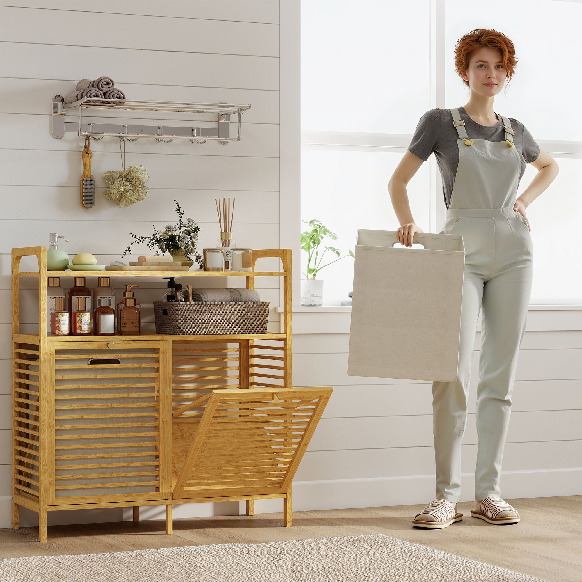 Bamboo and Polyester Laundry Hamper with 2 x 41L Baskets and 2 Shelves, 82 x 33 x 88 cm, Wood and Cream Color