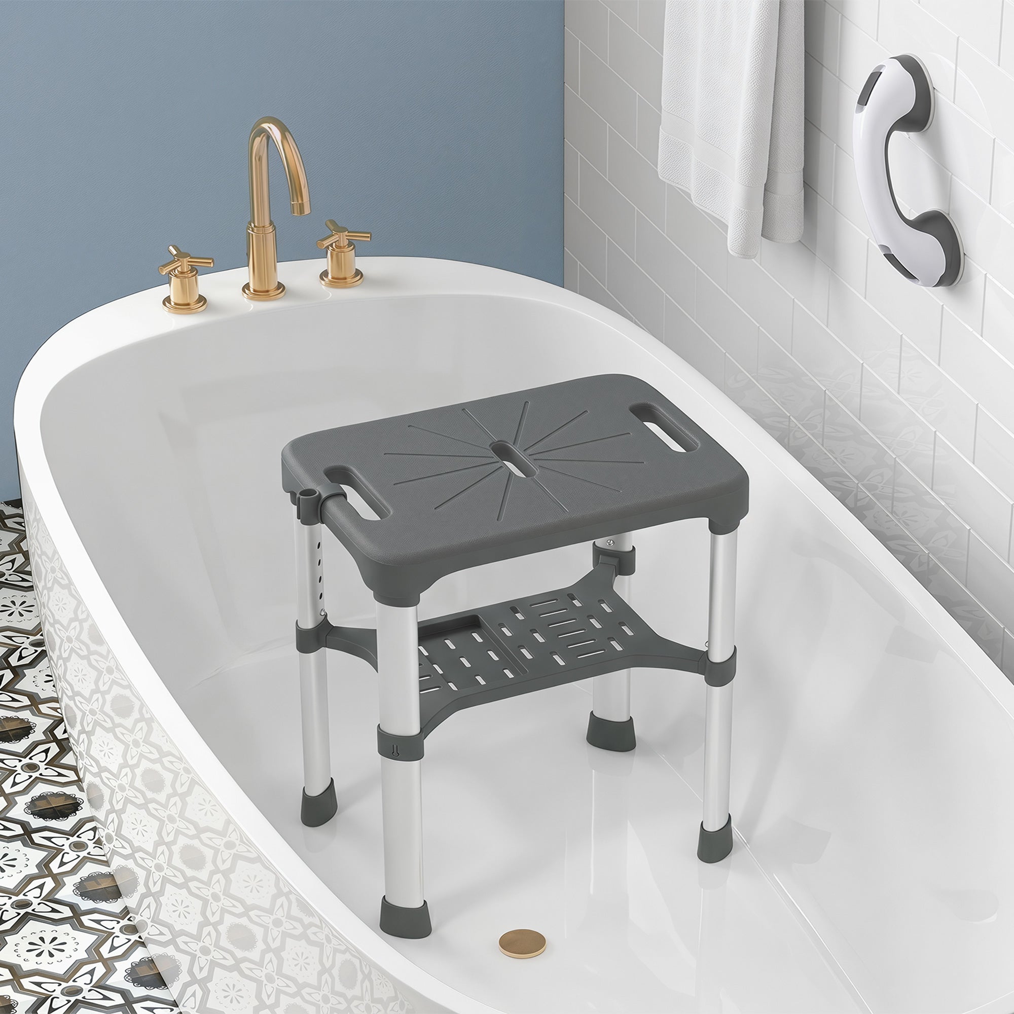 HOMCOM Aluminum Shower Stool with Integrated Shelf, 5-Level Adjustable Height, 150kg Load Capacity, Gray