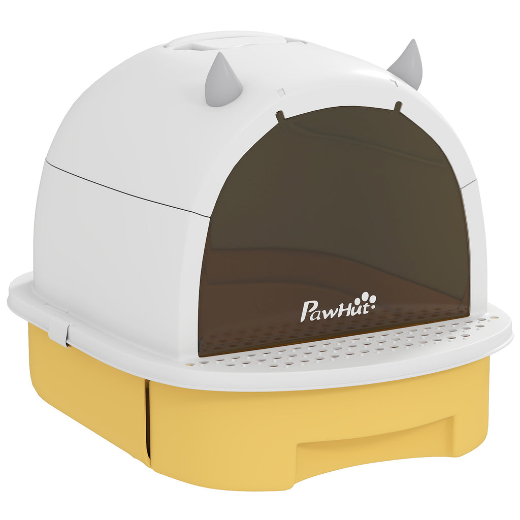 PawHut Enclosed Cat Litter Box with Removable Tray, Handle, Scoop and 2 Activated Carbon Filters, Yellow