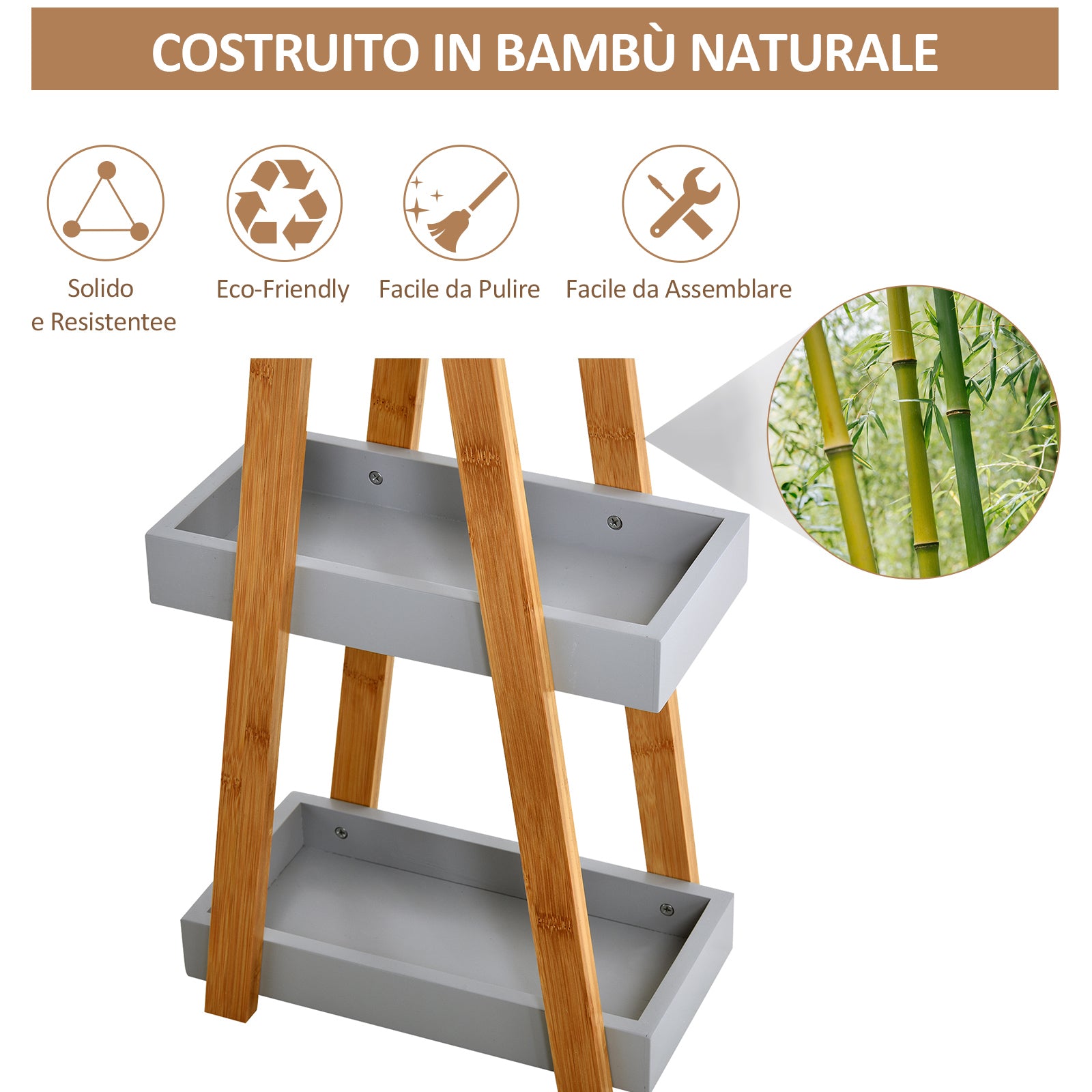 Kleankin Space-Saving Bathroom Shelf in MDF and Bamboo, Pyramid Shape with 3 Shelves, Wood and Grey Color, 30x18x81cm