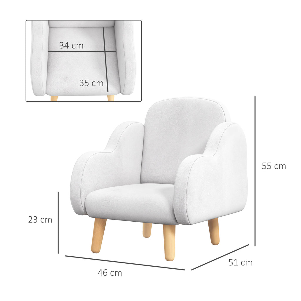 Scandinavian Style Children's Armchair with Cloud Armrests in White Fabric, 46x51x55 cm