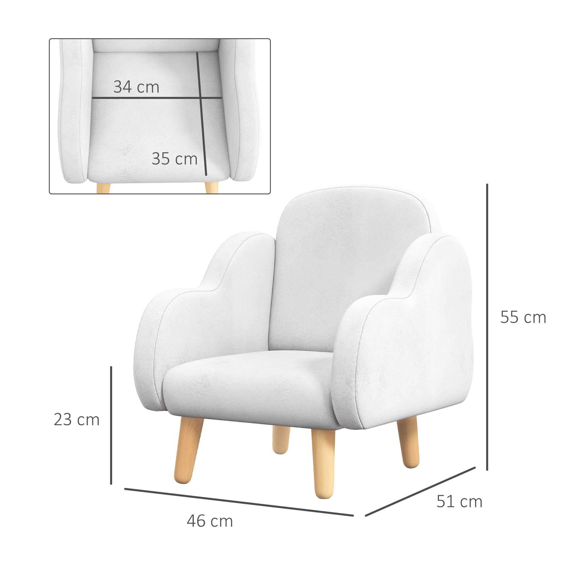 Scandinavian Style Children's Armchair with Cloud Armrests in White Fabric, 46x51x55 cm