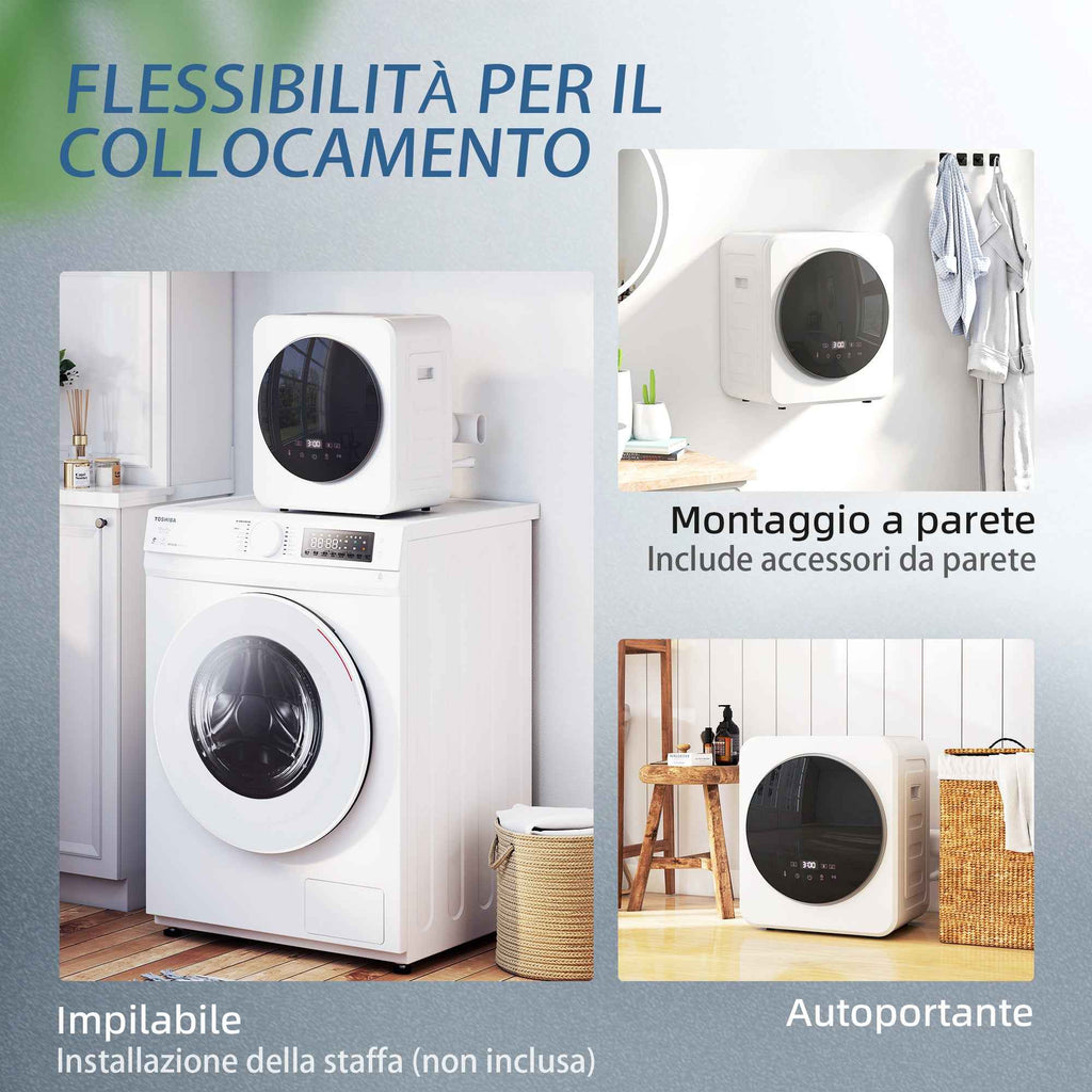 Mini Portable Dryer 4 kg, LED Display, 800W, Front Loading, Up to 60°, Stackable/Wall/Freestanding, Timer, for Home, White