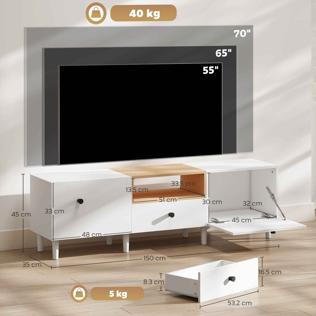 HOMCOM 70" Max TV Stand with 2 Drop-Door Doors, Drawer and Open Shelf, Wooden, 150x35x45 cm, White and Wood Color