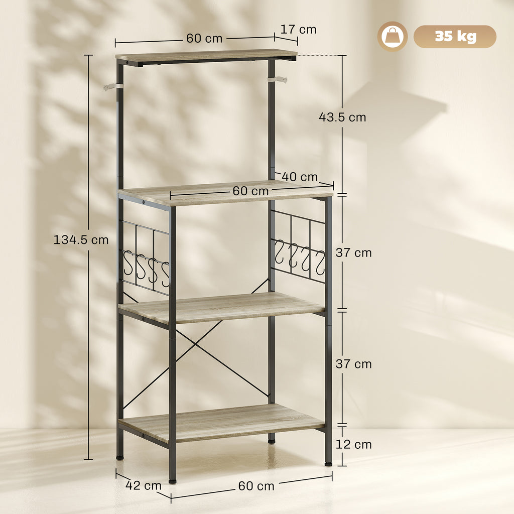 4-Tier Kitchen Shelf with Mesh Panels and 8 Hooks, Industrial Style, 60x42x134.5 cm, Oak