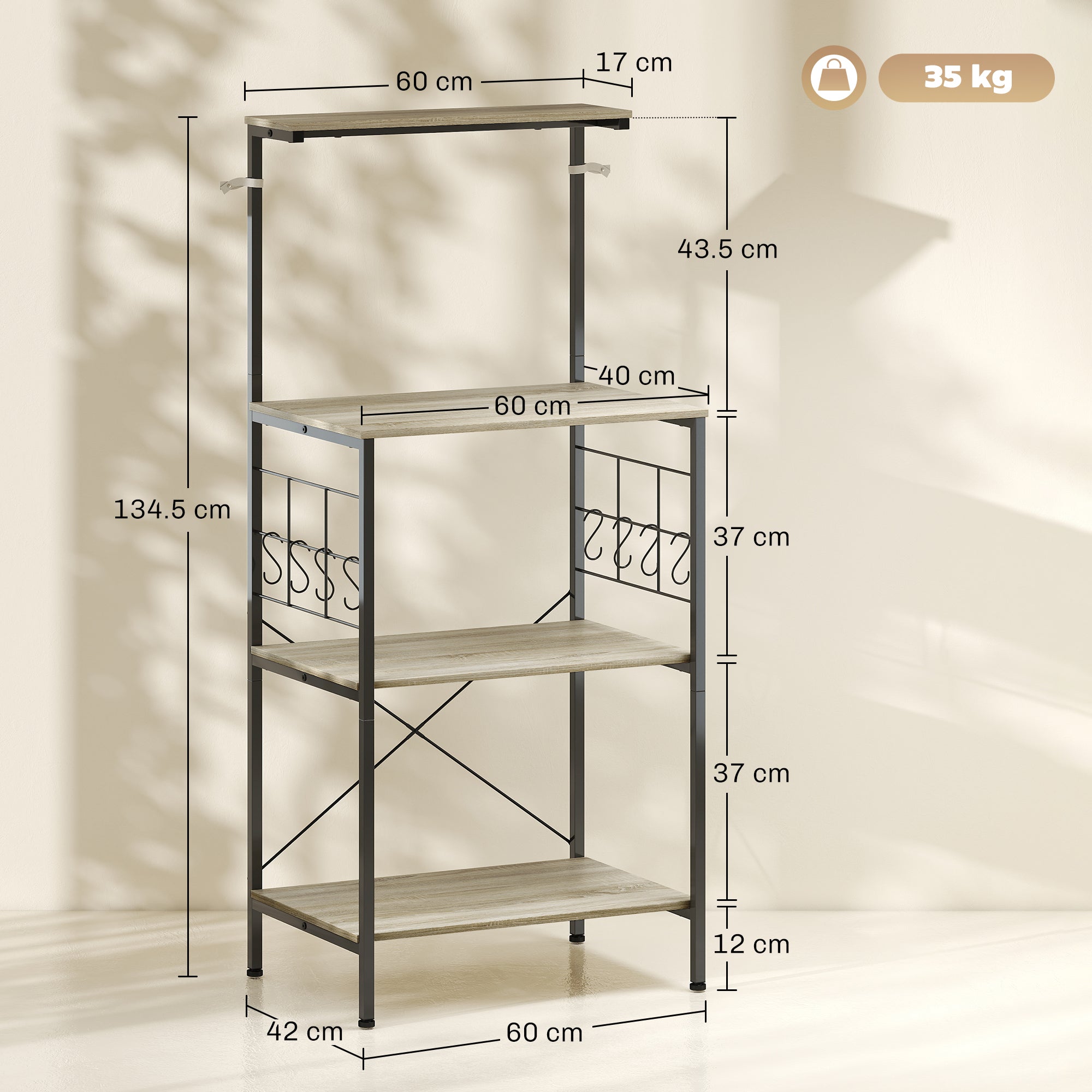 4-Tier Kitchen Shelf with Mesh Panels and 8 Hooks, Industrial Style, 60x42x134.5 cm, Oak