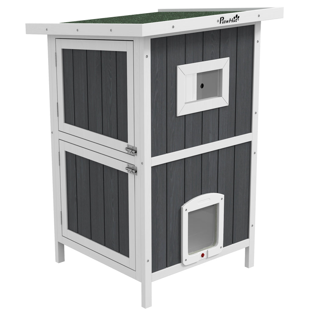 2-Tier Outdoor Wooden Cat Kennel with Asphalt Roof and 4 Doors, 60x60x90.5cm, Gray - Borgè