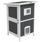 2-Tier Outdoor Wooden Cat Kennel with Asphalt Roof and 4 Doors, 60x60x90.5cm, Gray - Borgè