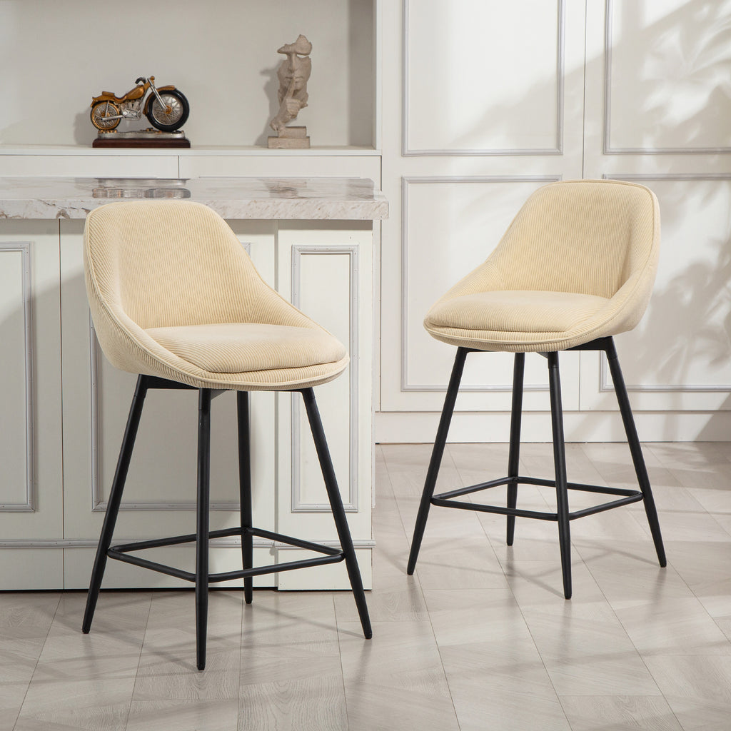 Set of 2 Swivel Bar Stools with Backrest and Armrests, Corduroy Upholstery and Footrest, Beige