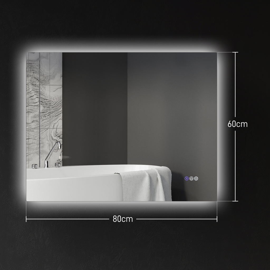 Anti-fog Bathroom Mirror with Adjustable Brightness and Color, Glass and Aluminum Alloy, 80x60x4 cm