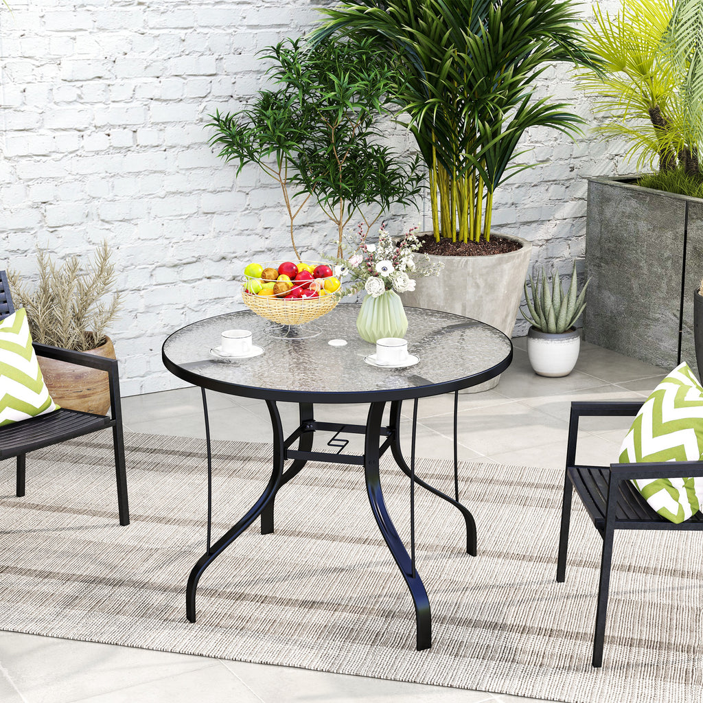 Round Garden Table with Umbrella Hole, in Metal and Tempered Glass, Ø96.5x71 cm, Black