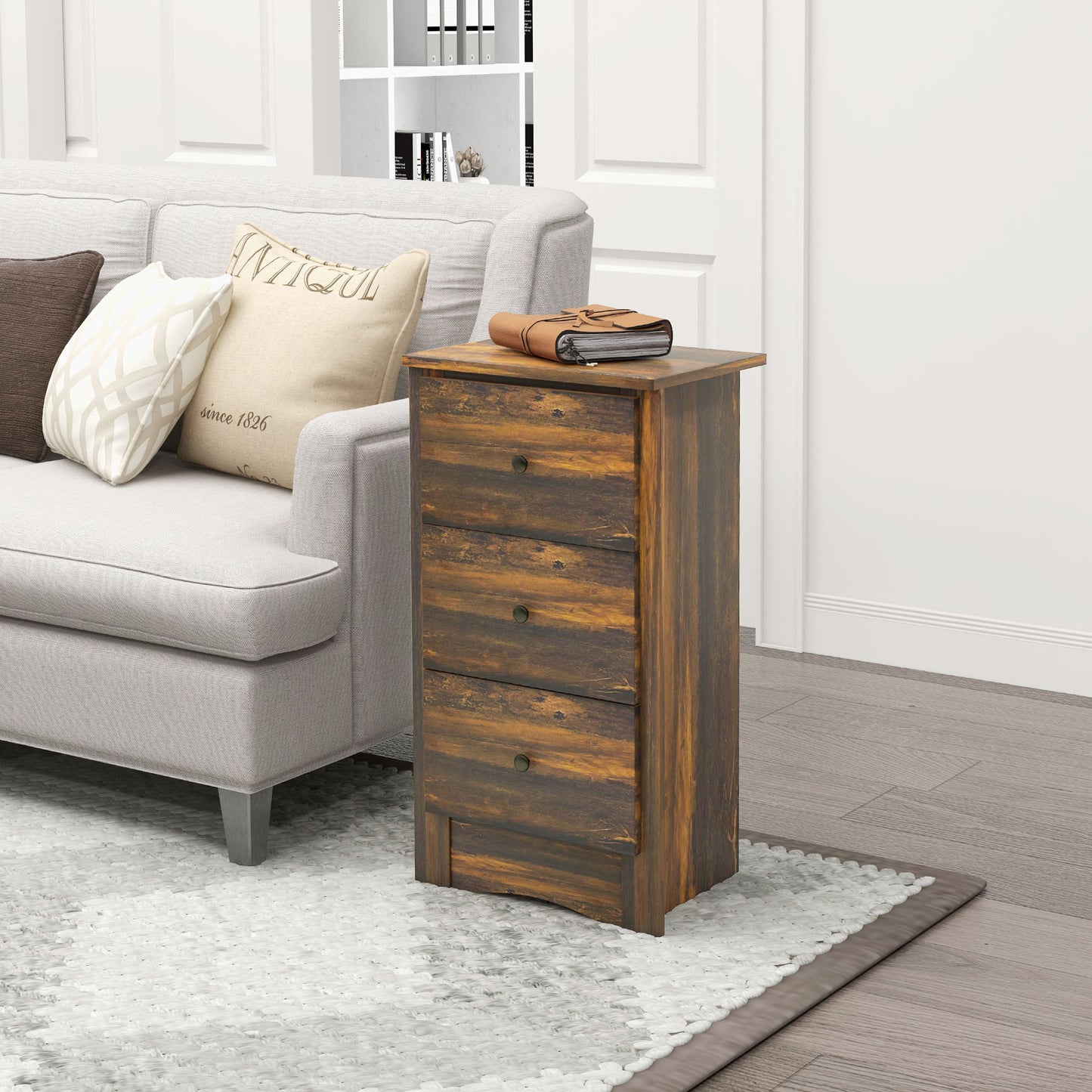 Bedside table with 3 drawers in rustic style in wood, 40x30x74 cm, Brown