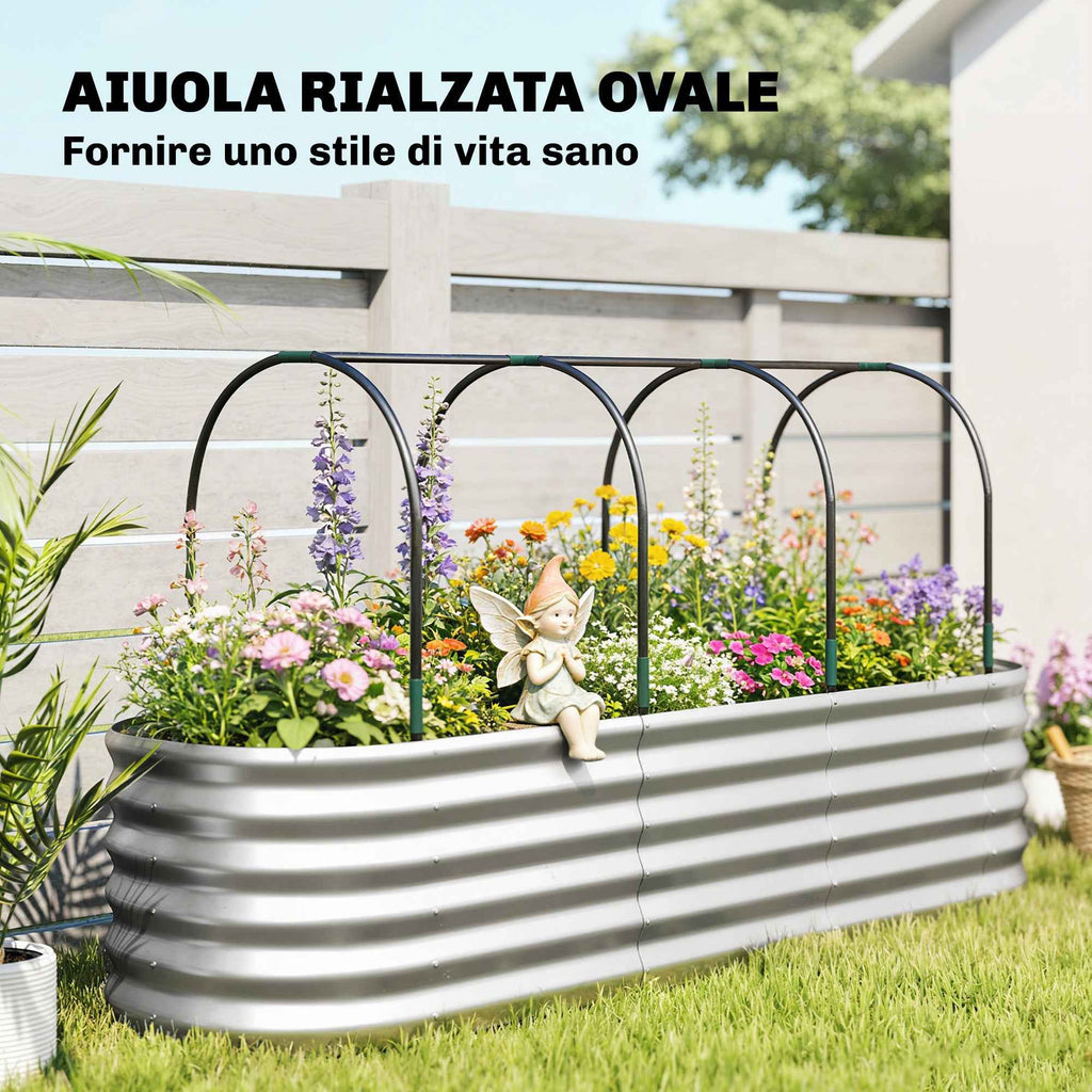 Outsunny Raised Outdoor Vegetable Garden with Trellis for Climbing Plants and Open Bottom, Steel, 200x60x103 cm, Silver