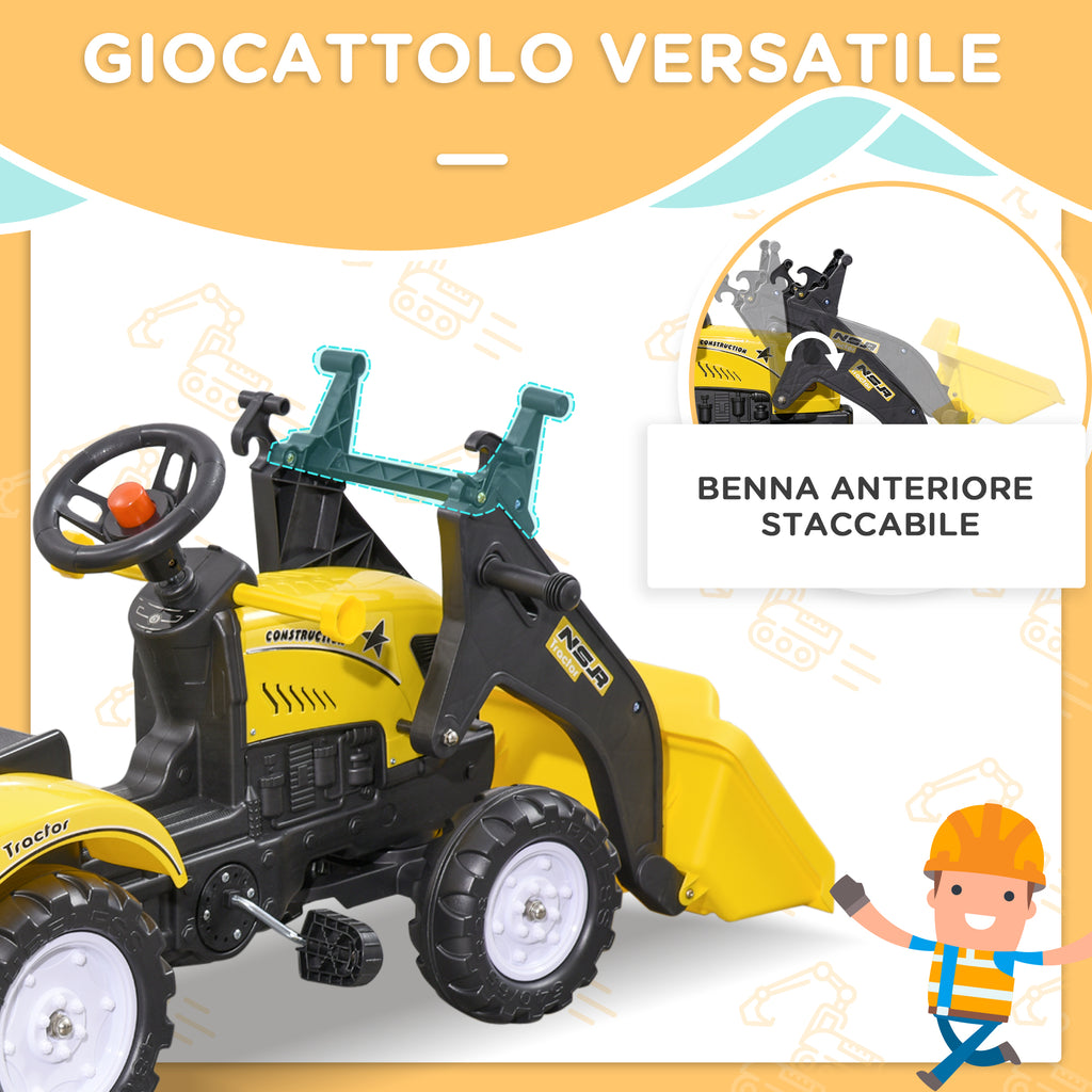 Pedal Excavator for Kids from 3 Years with Front Loader, Trailer and 6 Wheels, Yellow
