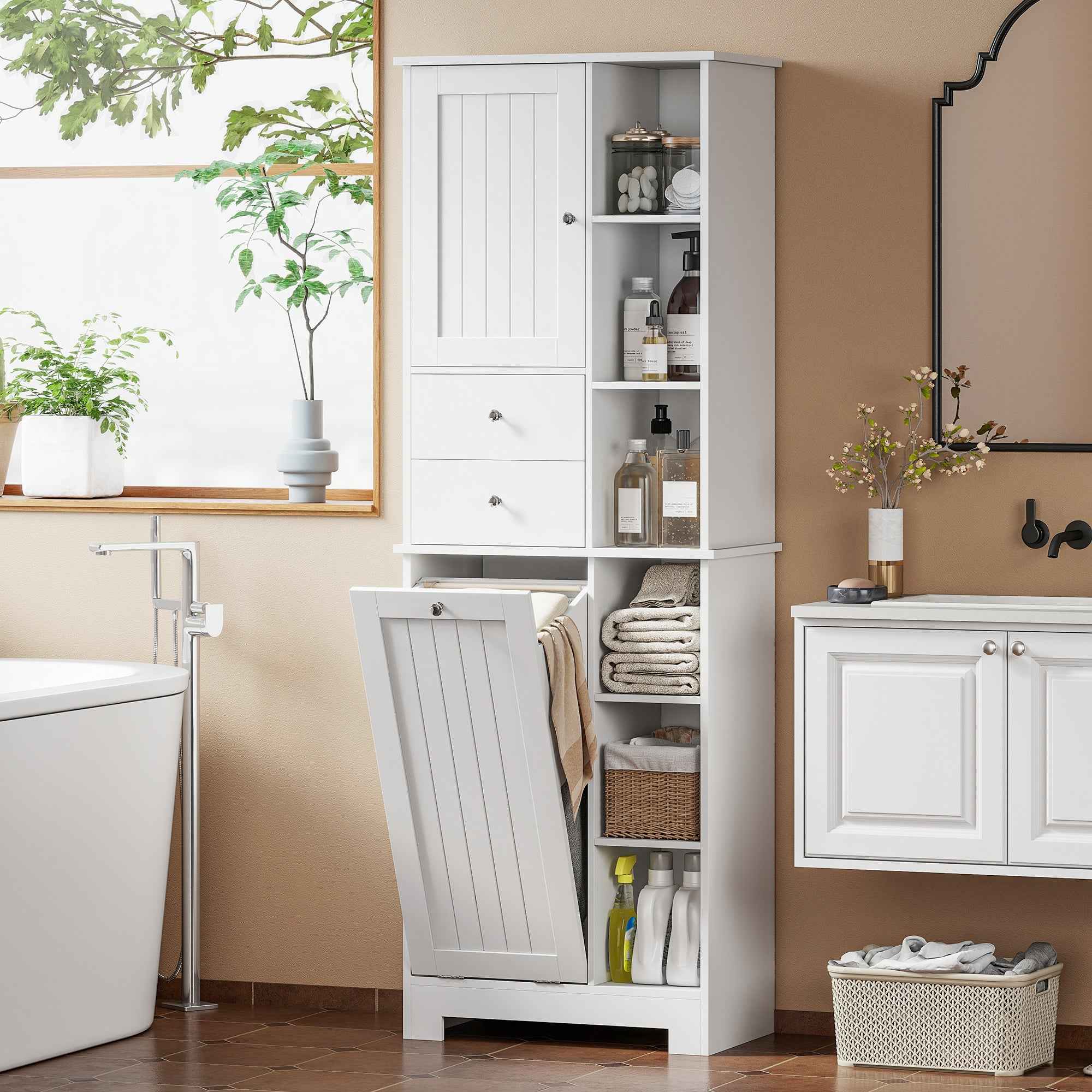 HOMCOM White Bathroom Cabinet, Tiltable Laundry Basket, Drawers