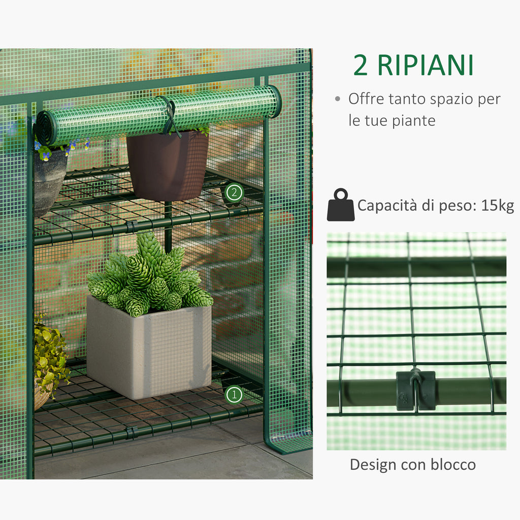 Outsunny Mini Garden Greenhouse with 2 Metal Shelves and PE Cover, 69x49x92cm, Green