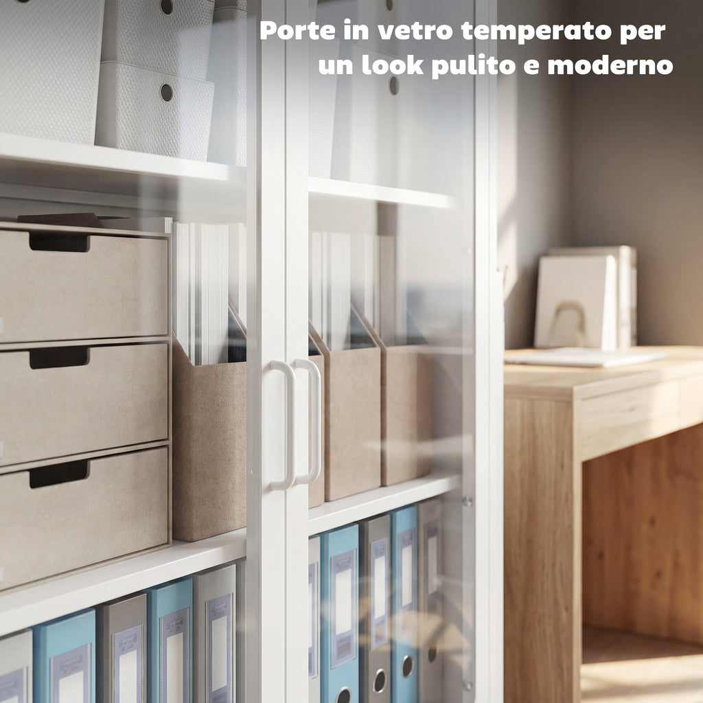 Steel Document Cabinet with 2 Glass Doors and Adjustable Shelves, 80x40x110 cm, White