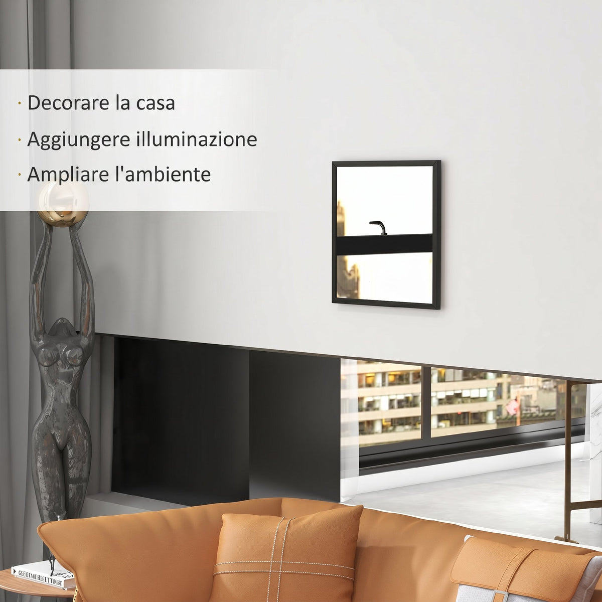 HOMCOM Rectangular Wall Mirror with Hooks, Glass and MDF Wall Mirror, 50x50 cm, Black