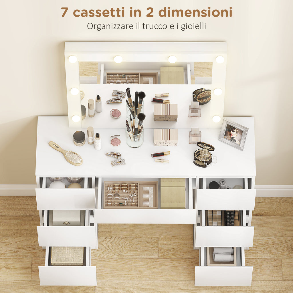 Hollywood-Style Makeup Table with Mirror, 8 LED Lights, 7 Drawers and Padded Stool, White