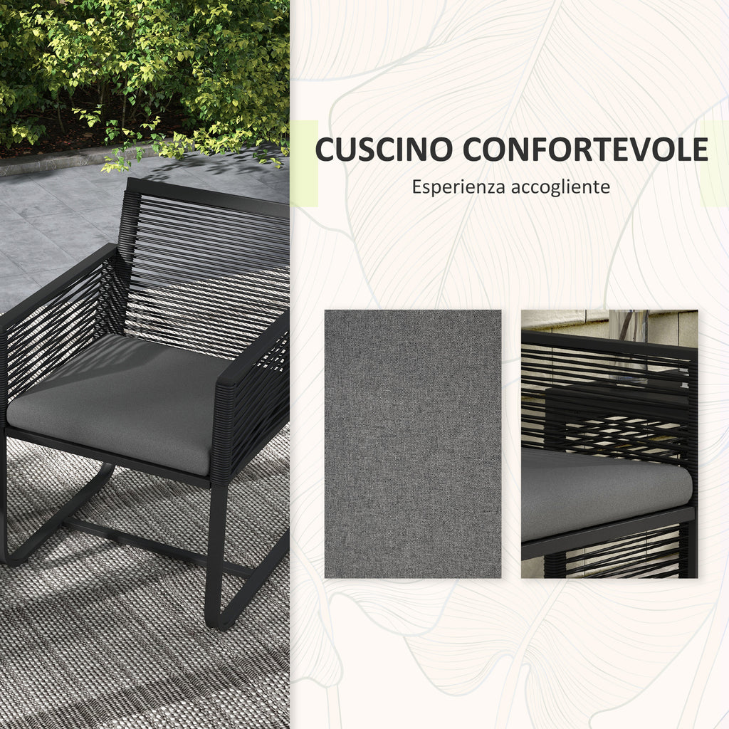 Rattan Garden Set with 2 Armchairs with Cushions and Glass Coffee Table, Black - Borgè